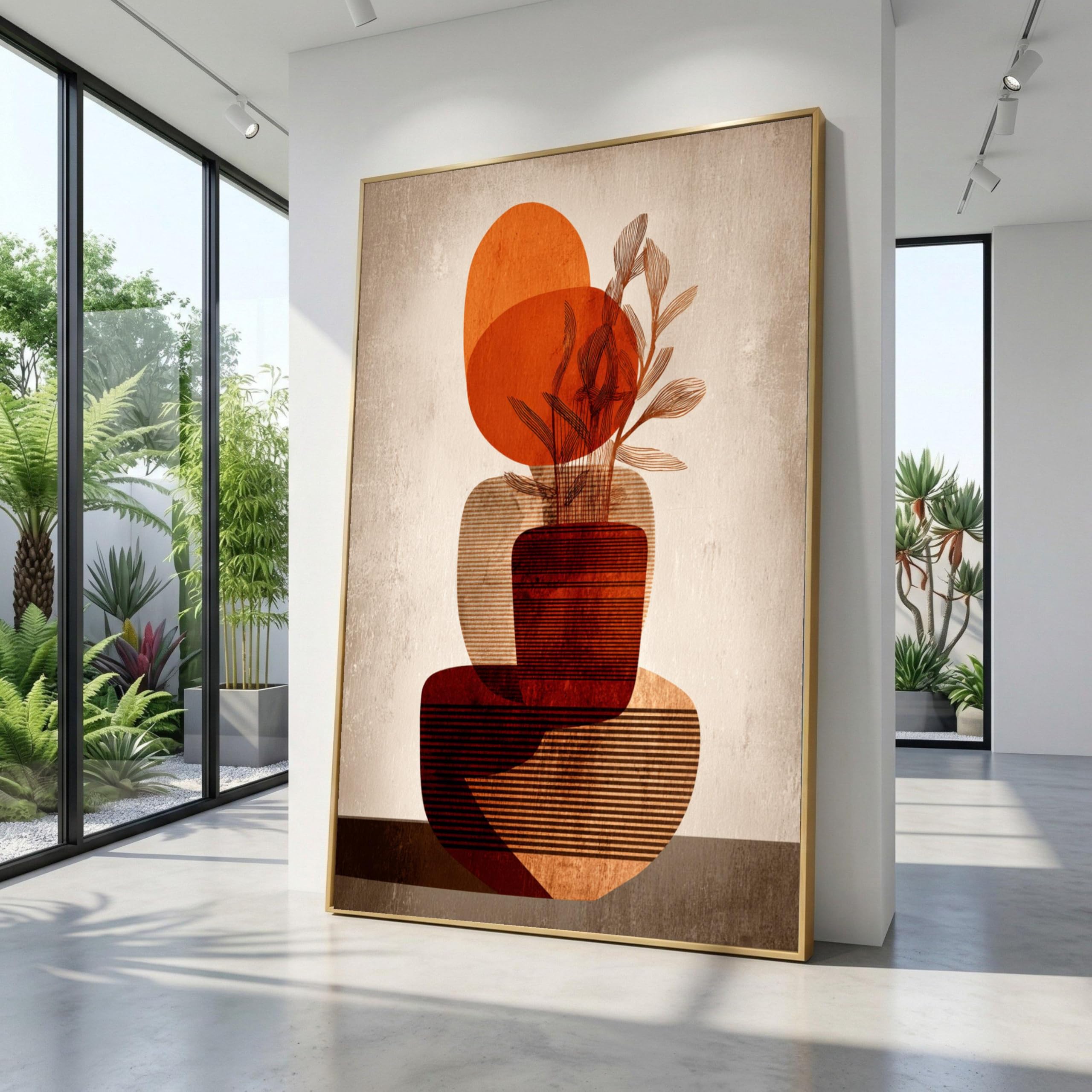 CAOXTART Abstract Plant Vase Canvas Prints, Minimalist Geometric Wall Art, Earth Tone Home Decor, Bohemian Plant Canvas Painting(60x80cm/Frameless)