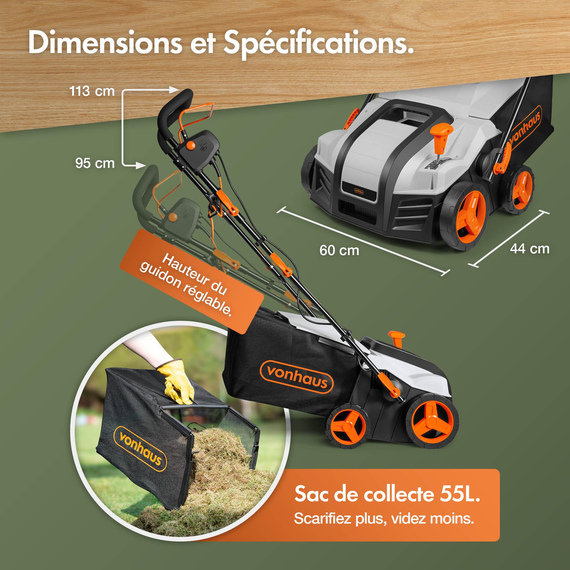 VonHaus Scarificateur/Aérateur/Râteau Électrique 1800W – Pour Scarification Et Râtelage Du Gazon, Élimine Feutre, Mousse Et Feuilles, Aère Le Sol, Bac De Ramassage 55L, 5 Hauteurs, Largeur 38cm