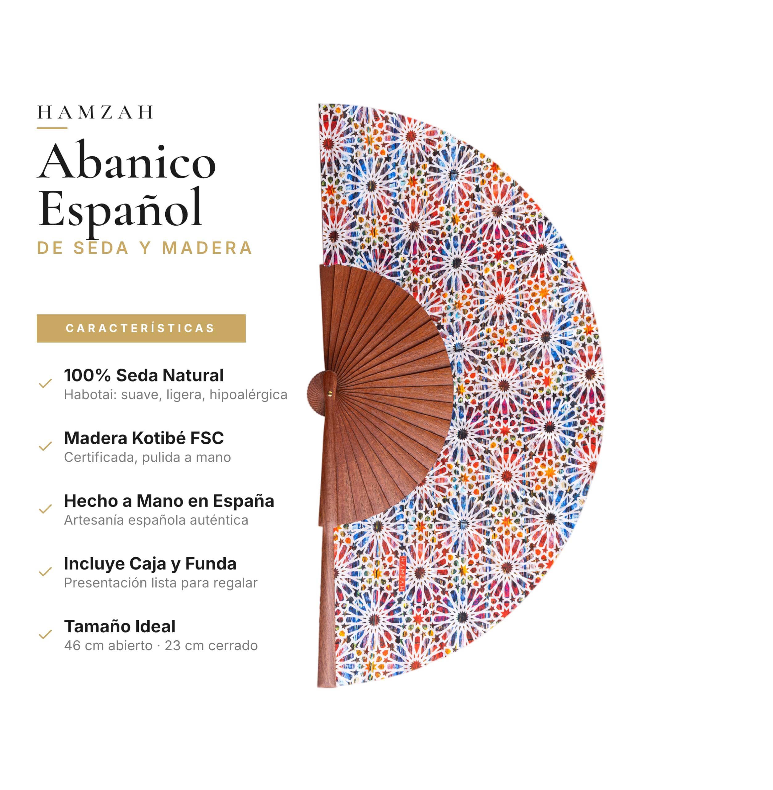 Spanischer Fächer aus Holz und Seide, faltbar | handgefertigt in Valencia | Original Andaluz Farbdruck | Samtbezug | originelles und handwerkliches Geschenk | Mosaik-Kollektion