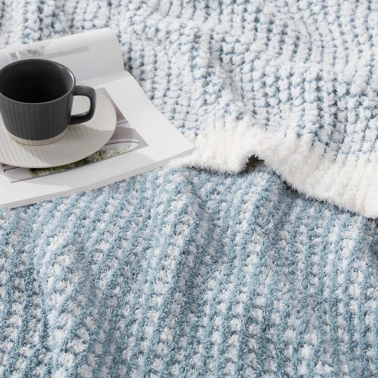 Snuggle Sac Ultra Soft Waffle Throw Blanket for Couch Bed Sofa 50x60 inches, Reversible Blue Cream Blanket Microfiber Fluffy Fuzzy Cozy Knit Soft Throws Birthday Gifts for Women - Image 5