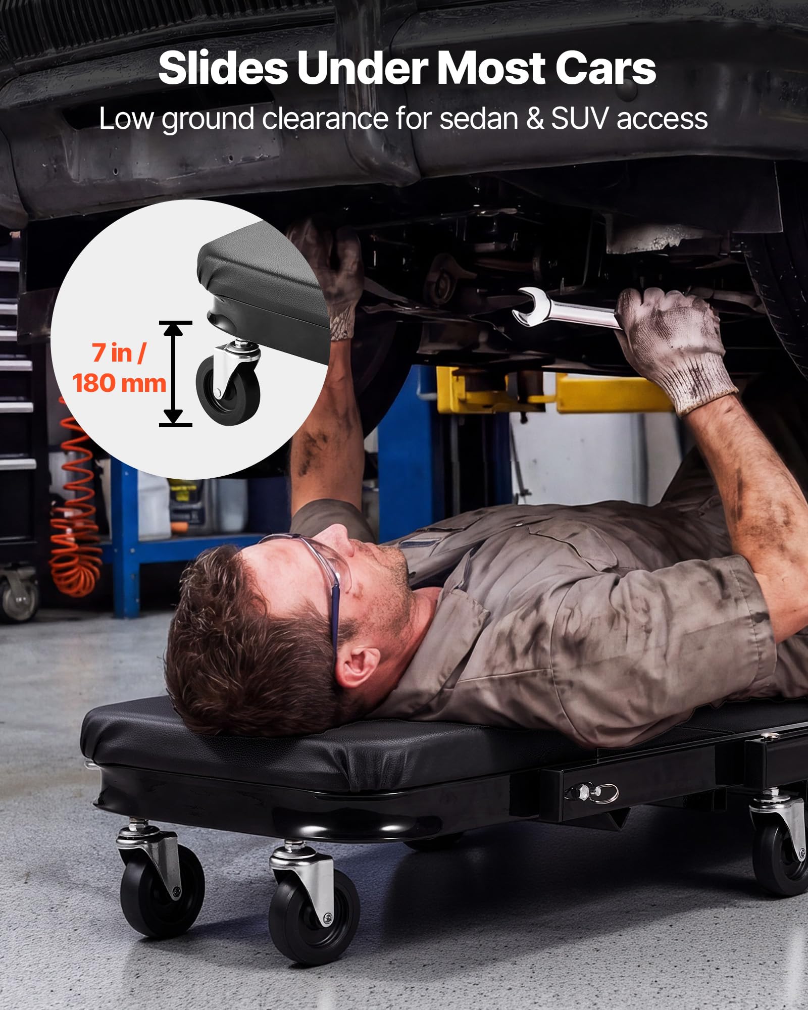 VEVOR Lettino Pieghevole sotto Auto Carico 218 kg con 6 Ruote Piroettanti, Sdraio da Meccanico Pieghevole 1015 mm sotto Veicoli Riparazioni Auto da Officina Garage, Acciaio al Carbonio, Colore Nero