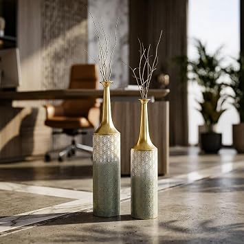 Leewadee Set of 2 Large Floor Vases Modern Tall Metal Vases in Gold White (26/23 inches) Stylish Home Decor Accent