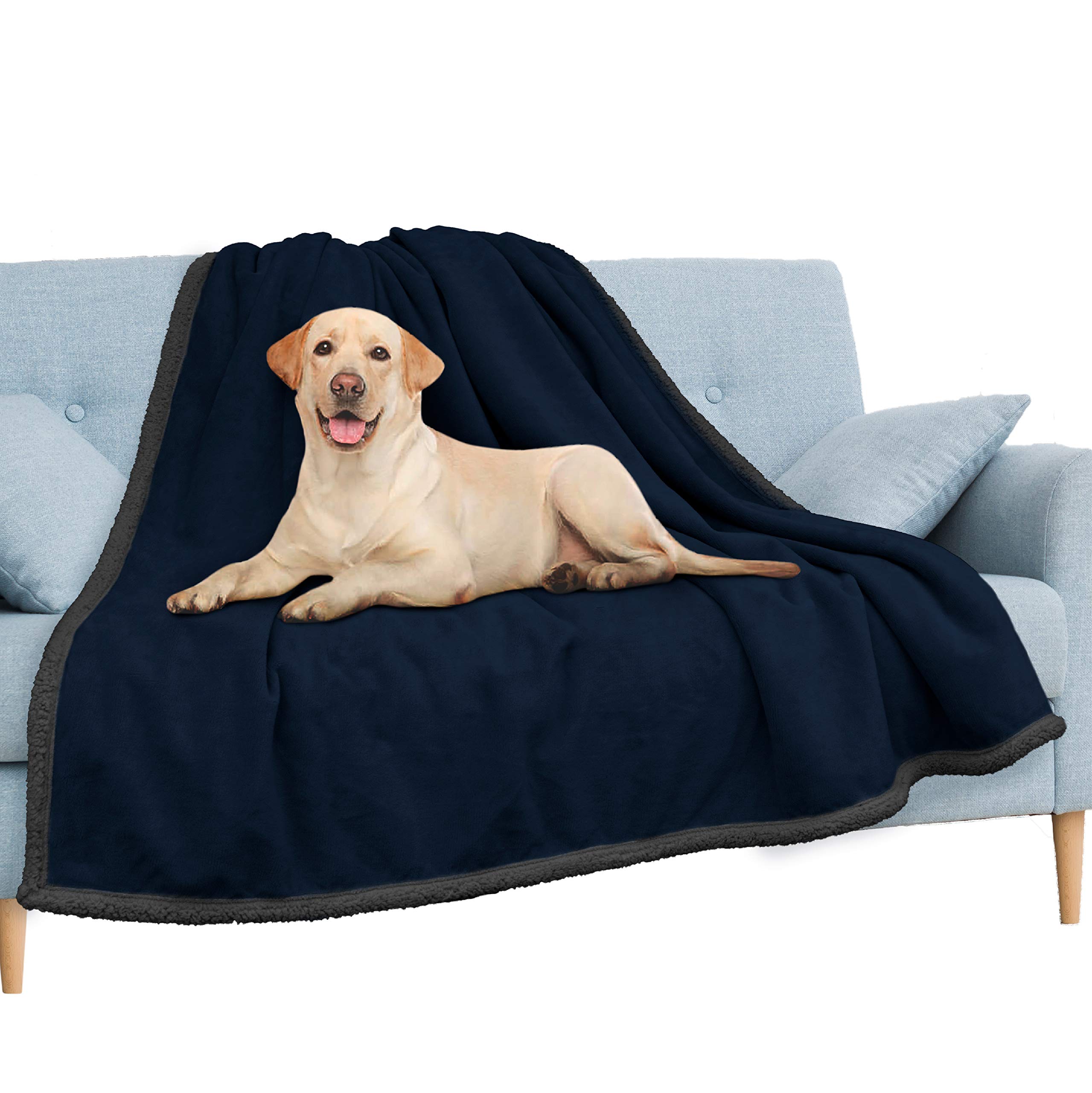 PAVILIA Manta impermeable para sofá, protector de mascotas para perros grandes, cachorros y gatos, manta de sherpa suave y cálida de felpa, azul marino, 60 x 80 pulgadas