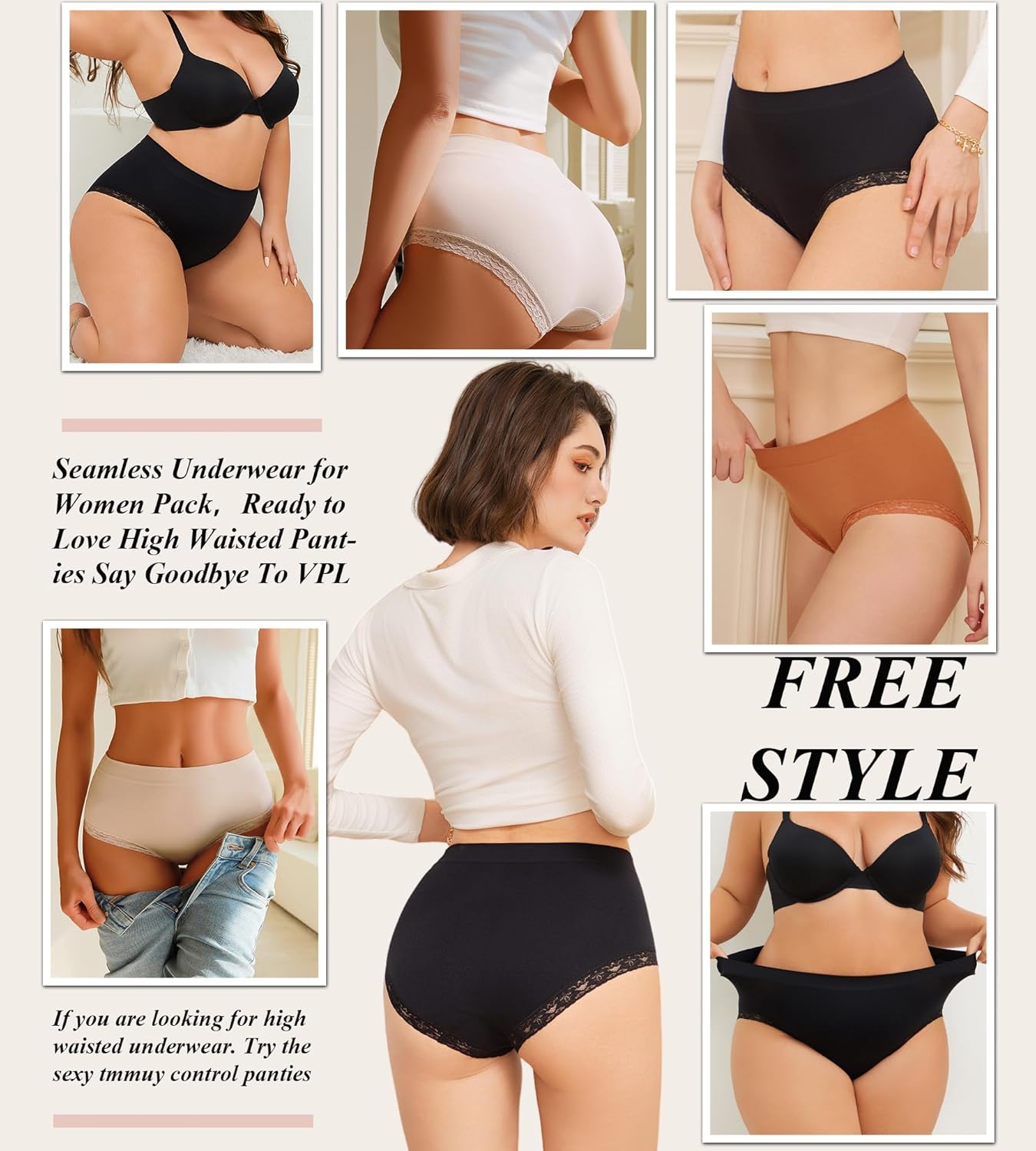 Womens Underwear High Waisted Seamless Lace Panties Breathable Full Coverage Plus Size Brief 5-Pack - Image 6