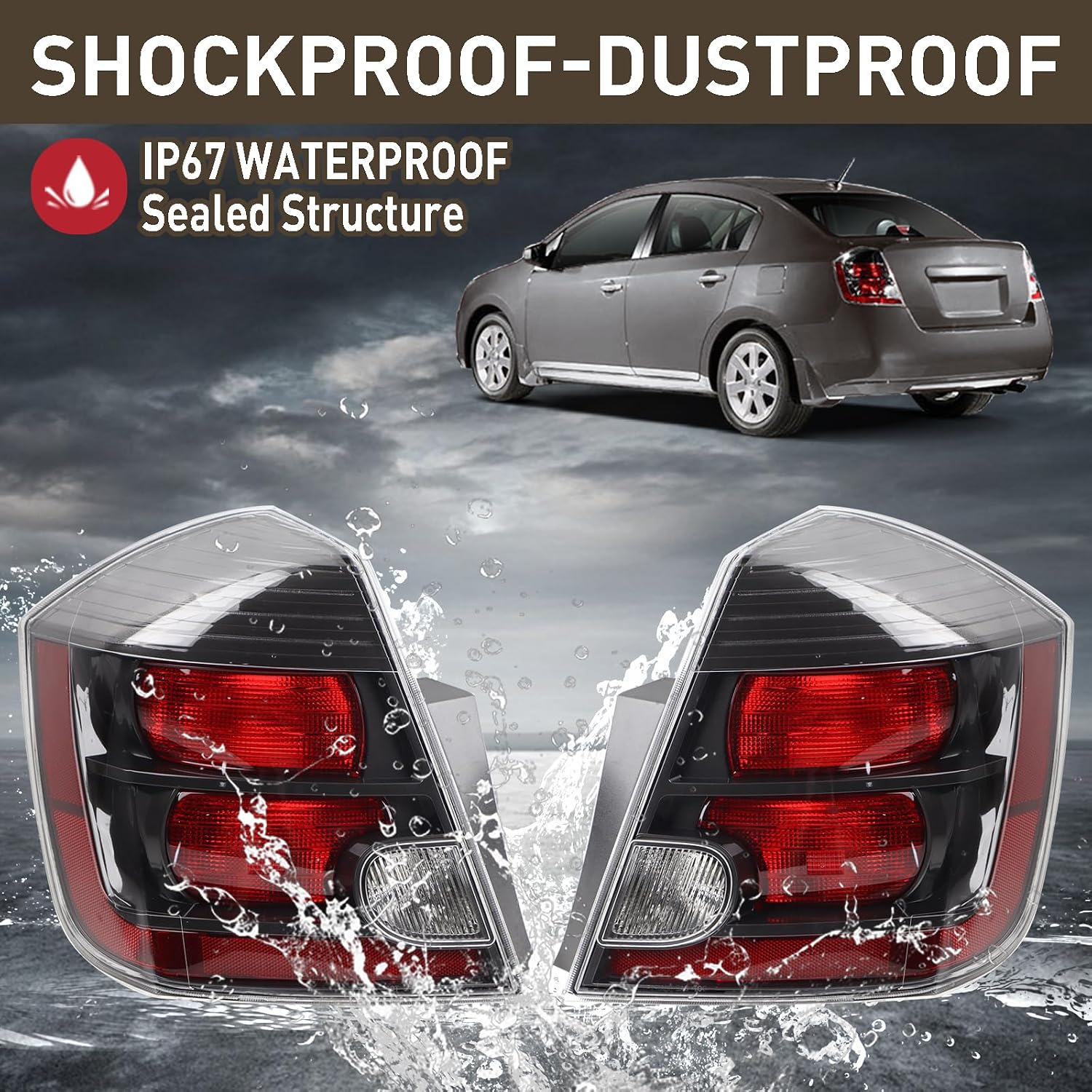 Smoked Black Pair Tail Lights Rear Lamp Assembly Compatible for 2007-2009 Nissan Sentra (w/Bulb & wire harness) Left+Right