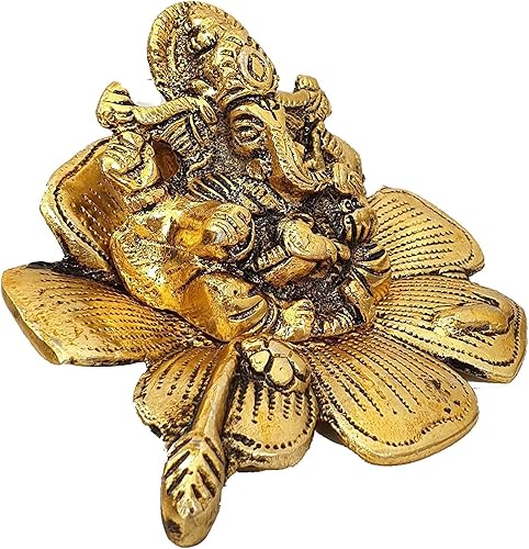 Miniatura 3 de Lord Ganesha en la hoja hecha de metal – Estatua de ídolo de Ganesh Ganpati figura tradicional para decoración del templo de la oficina en casa,