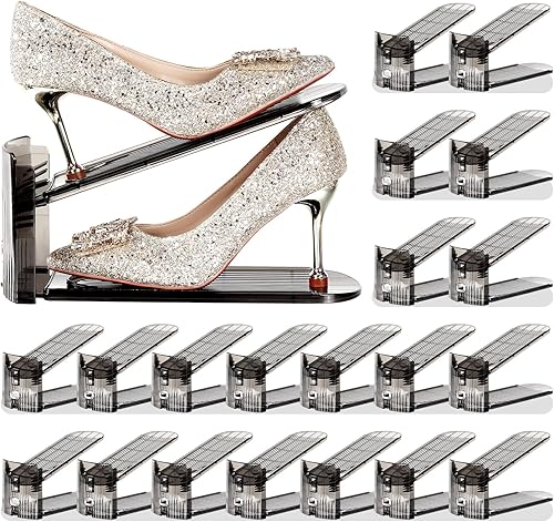 Vista 13 de Organizador de ranuras para zapatos, paquete de 12, apilador de zapatos, 3 niveles ajustables, ahorro de espacio del 50%, soportes de doble capa
