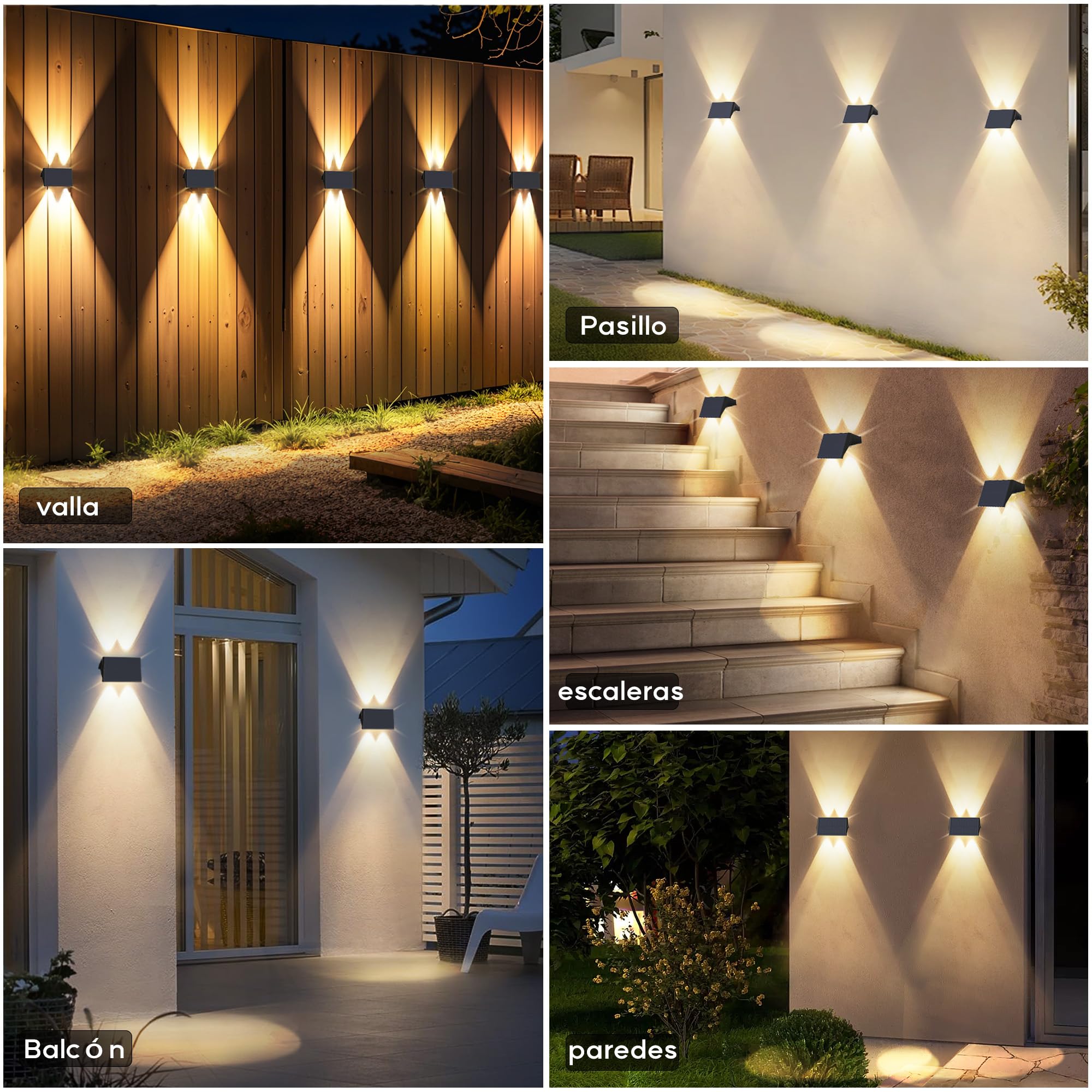 Aplique Solar Exterior, Lámparas Solares Exteriores Arriba Y Abajo IP67 Impermeable,Luces Solares Exterior Jardín Inalámbricas De 4 Led Adecuadas Para Patio Balcón Valla 4*Blanco CáLido