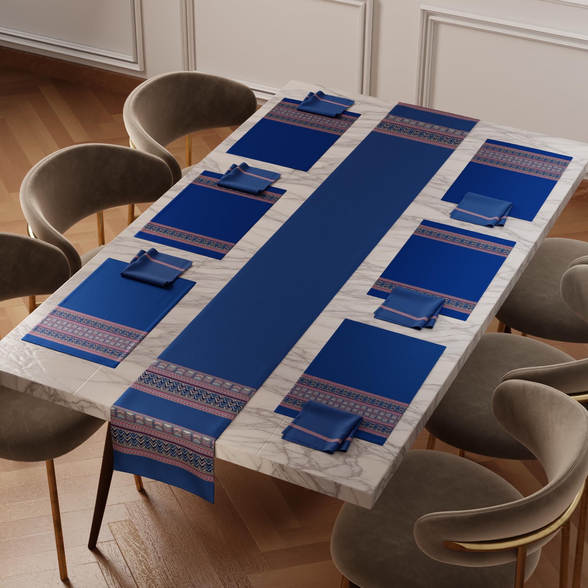 Stoa Paris Dining Table Runner 6 Seater, 1 Satin Table Runner, 6 Satin Placemats, 6 Cotton Napkins, Home, Family Dinning, Cafe, Hotel, Machine Washable, Royal Blue Feast - Royal Blue, Gold-image-41
