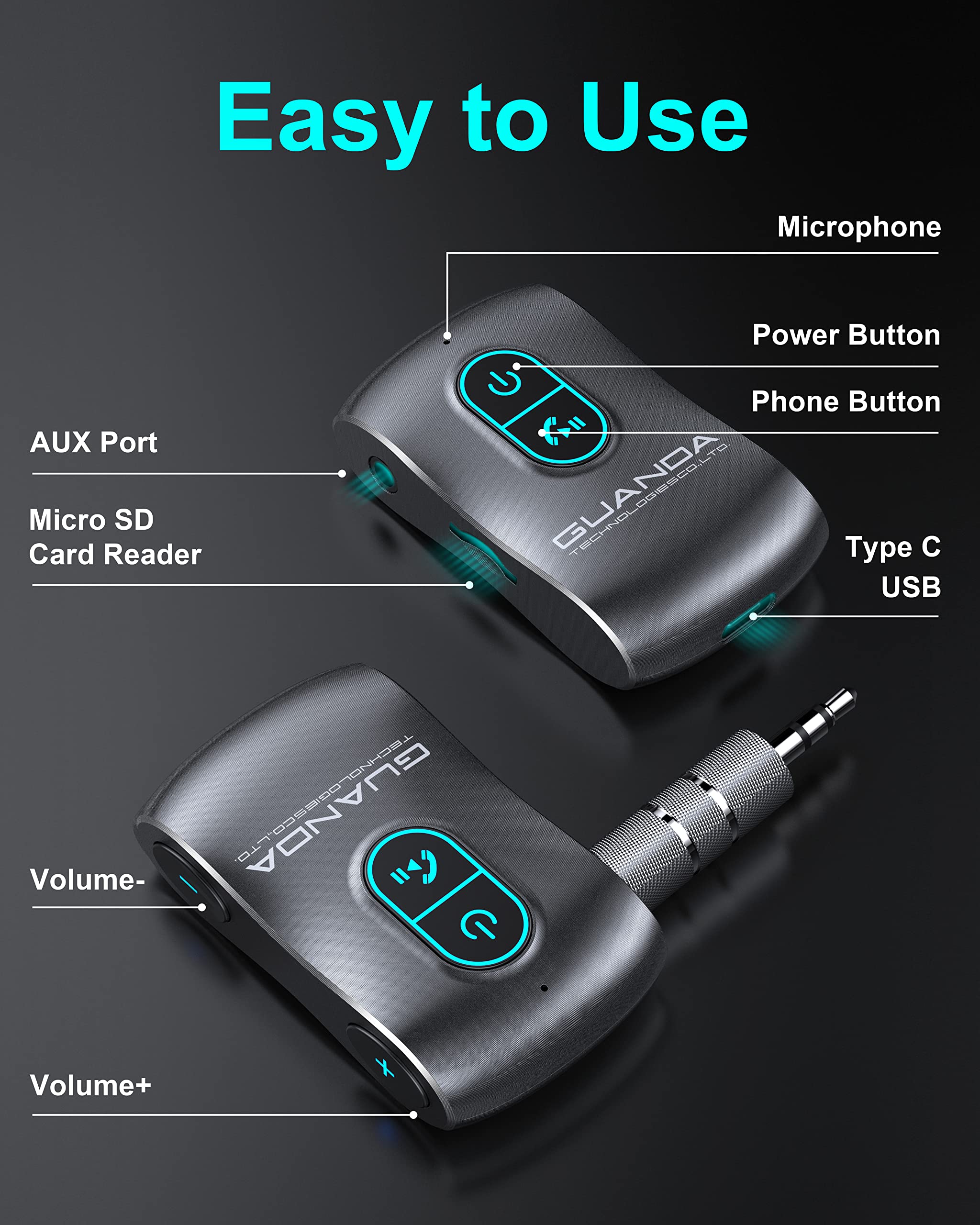 Ricevitore Bluetooth 5.0, adattatore Bluetooth AUX con cancellazione del rumore per autoradio/PC/TV/Stereo domestico/Cuffie cablate/Altoparlante W Slot per scheda Micro SD S Chiamate in vivavoce