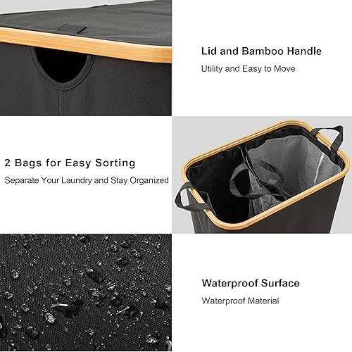 Miniatura 3 de joybest Cesta de lavandería doble grande de 140 litros con tapa bolsas extraíbles, cesta de lavandería negra con asas de bambú, cesta de ropa sucia