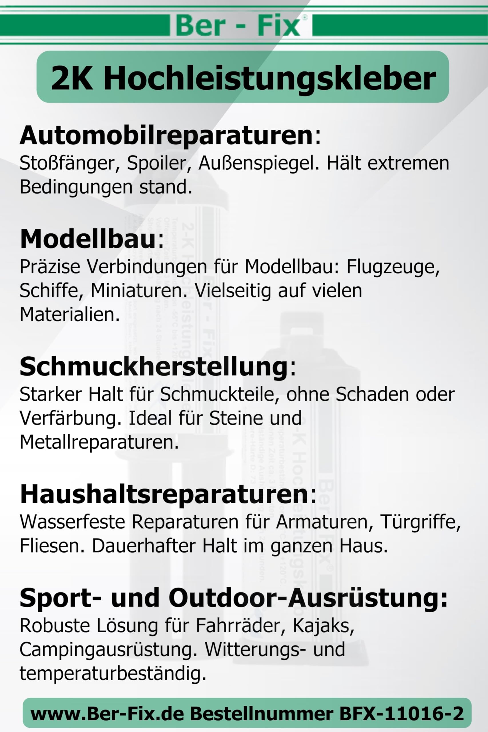 Ber-Fix Hochleistungskleber 2K MMA 30 Min 2x50g + 12 Düsen + Pistole