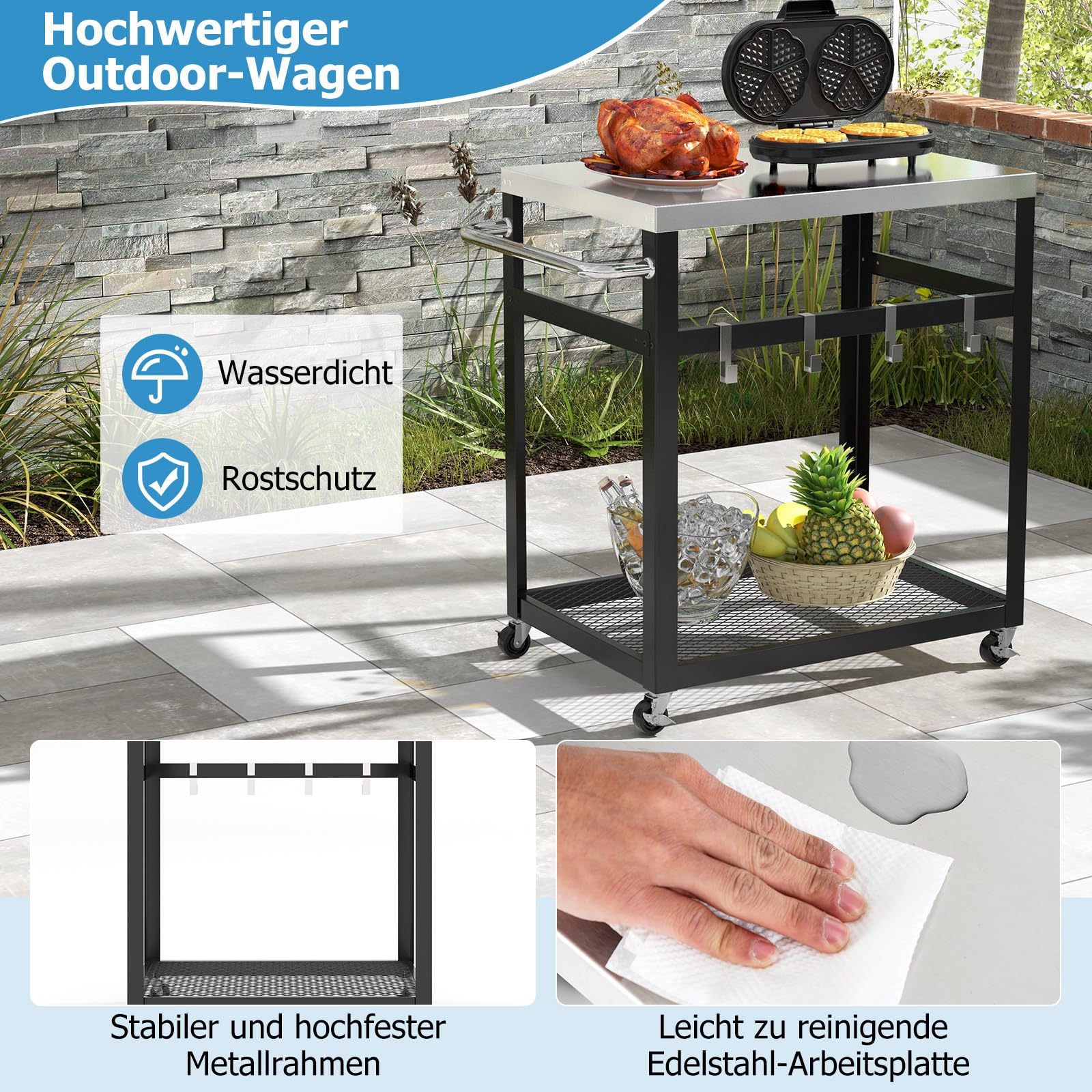 COSTWAY Grillwagen Outdoor, Grilltisch mit 2 Ablagen & 4 Rädern & Griff & 4 Haken, Pizzatisch Servierwagen für Garten Terrasse