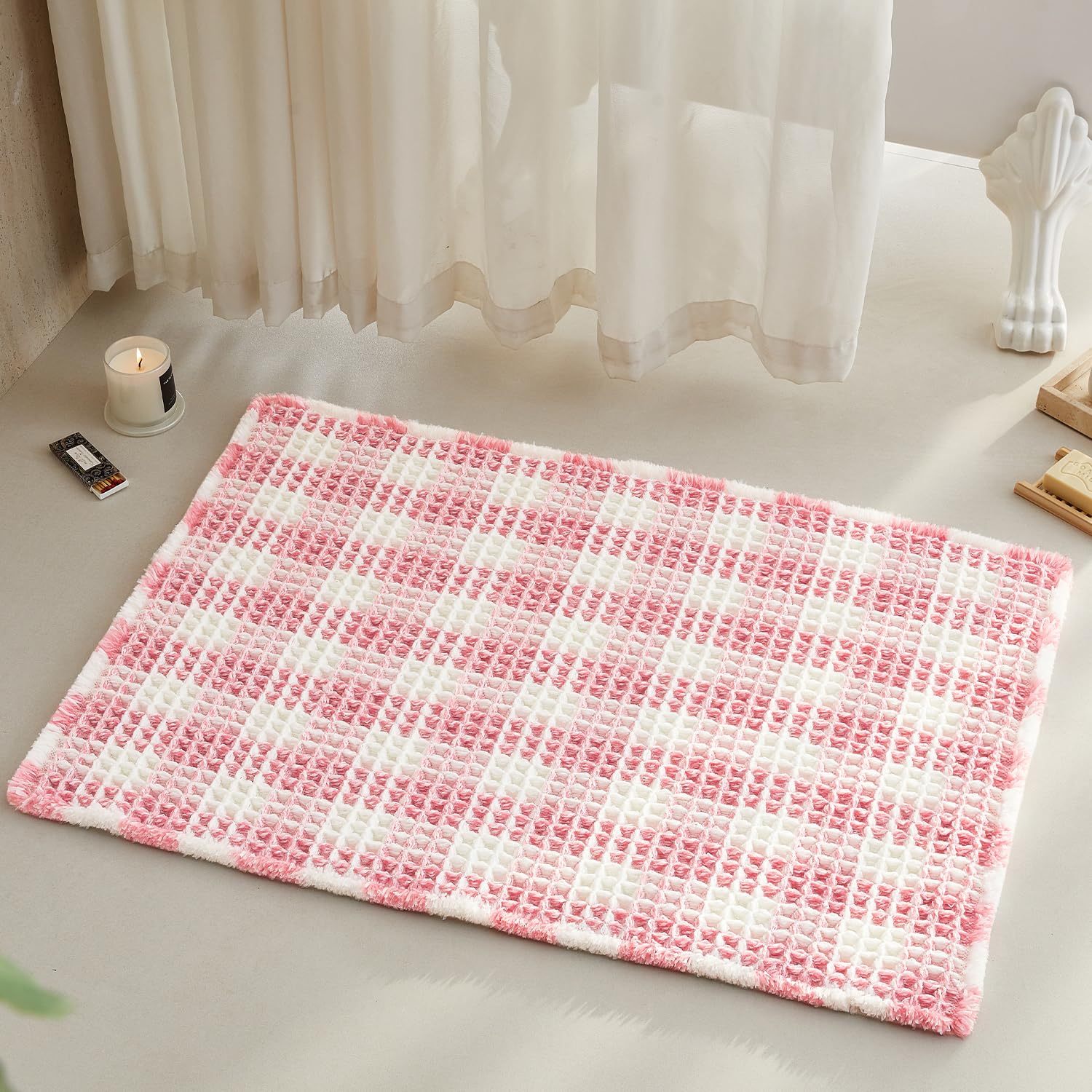 TYUU Waffle Bath Mat, Boho Bathroom Rugs Non Slip Washable Absorbent Checkered Bathroom Mat Quick Dry Cute Bath Mat, 36"x24" Pink and White
