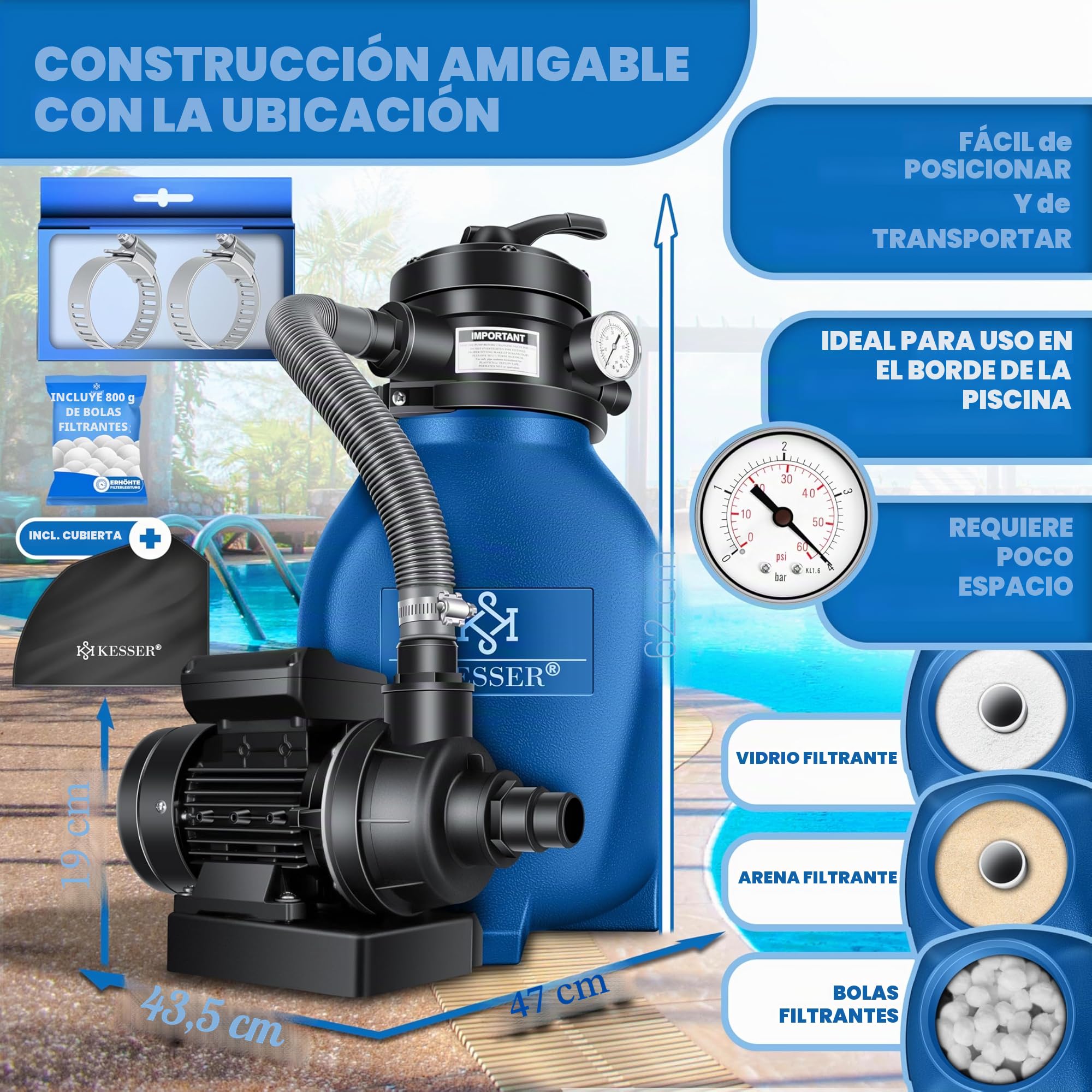 KESSER® Filtro de Arena, Sistema de filtrado de Arena + Bolas de filtrado de 700 g Que sustituyen a Las de 25 kg de Arena de filtrado para Piscinas, Sistema de filtrado de 10 mġ/h para Piscinas (Azul)