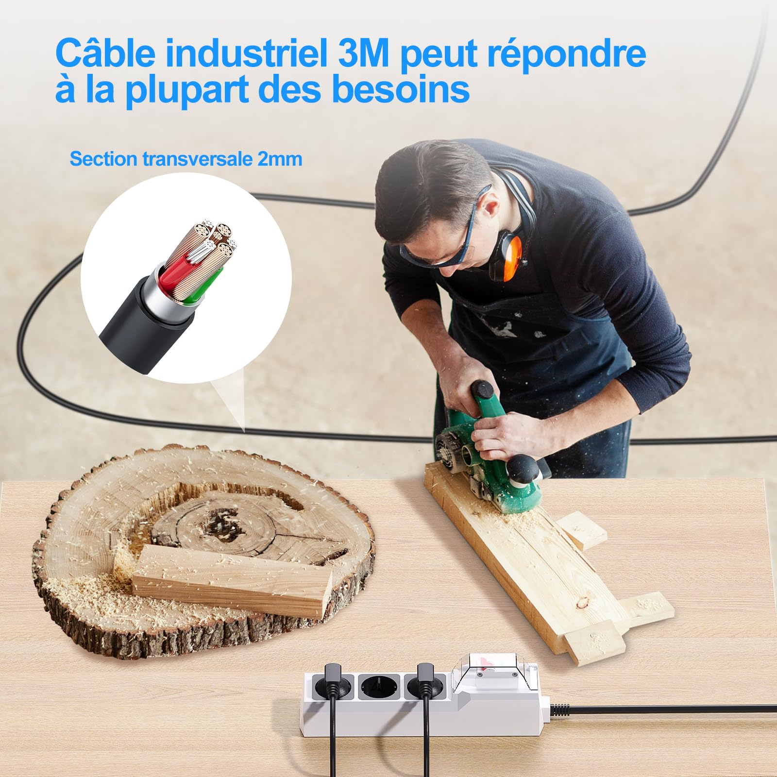 BEVA RCD Multiprise disjoncteur différentiel 30mA, 3680W/16A,Câble 3M