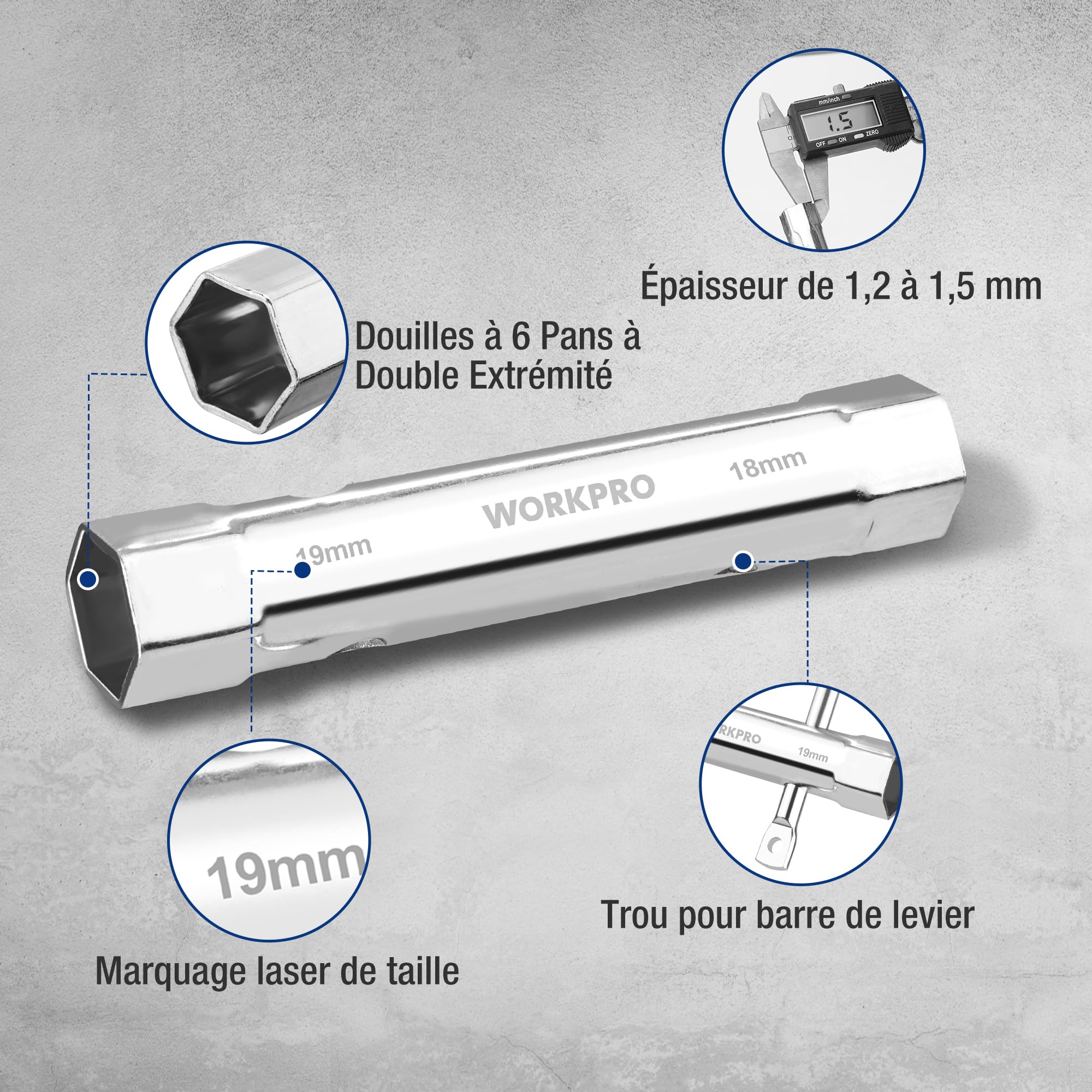 WORKPRO Jeu de 9 Clés à Bougie et à Pipe | Clés à Tube de 6x7 à 20x22 mm avec Barre de Rotation et Sac de Rangement, pour Réparation Auto et Bricolage