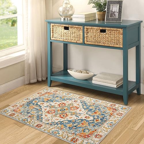 Miniatura 5 de Alfombra bohemia de 2 x 3 pies, lavable, vintage, para interiores, cubierta de suelo, antideslizante, alfombra bohemia plegable, exquisita alfombra