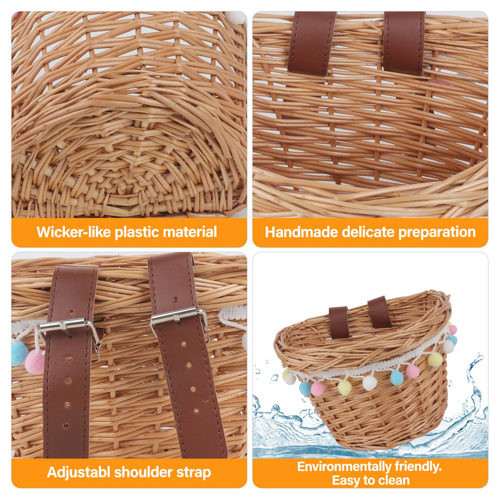 Cestino Bici Bambino, Tessuto a Mano Bambini Cestino in Vimini per Bicicletta, Cestino Bicicletta Anteriore con Cinghie in Pelle E Pompon Colorati per Bambini, 9,8 X 7,5 X 6,7 Pollici