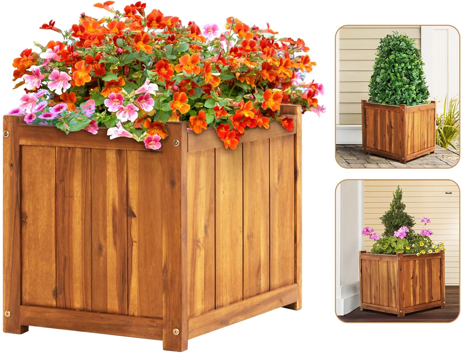 Idzo Hardwood Outdoor Flower Box, Durable Acacia Wood Flower Boxes for Outdoor Plants with Ergonomic Handles, Drainage Holes, Multiple Sizes Wood Bucket Planter for Home Decor, 1pcs Square Natural