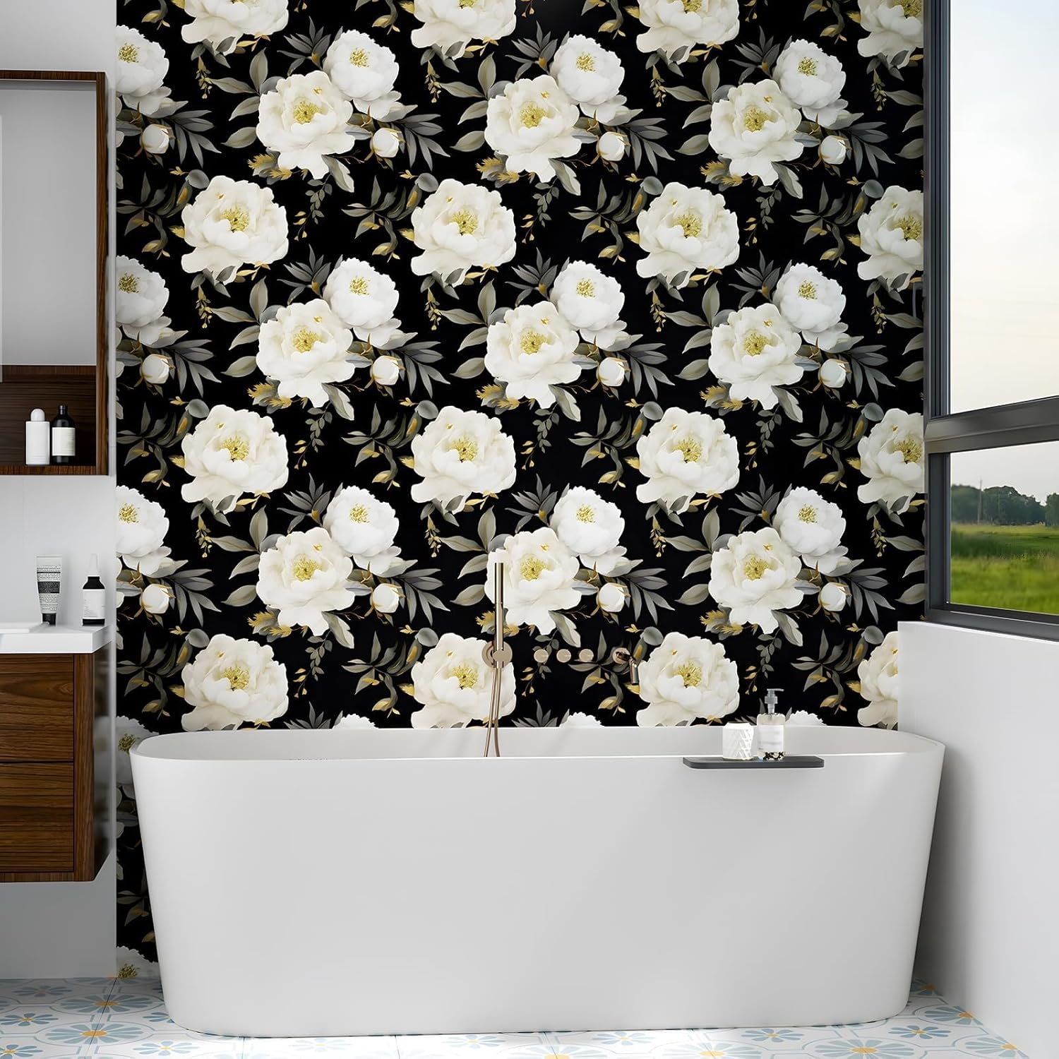 Laatse Dark Floral Wallpaper Peel and Stick Boho Wallpaper 17.5in x 118in White Floral Contact Paper Self Adhesive Waterproof Vintage Flowers Wall Paper for Bedroom Walls Countertop(White,Golden)