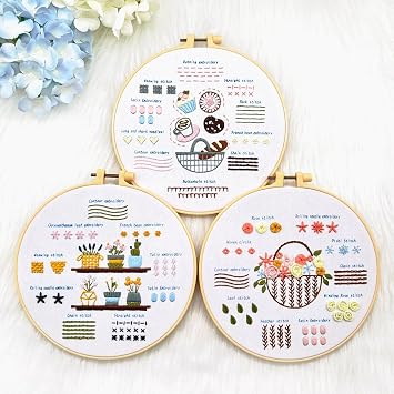 Embroidery Kit for Adult Beginners, 3-Pack Practice Samplers, Pre-Stamped Patterns, 7.8-Inch Hoop, Threads & Needles, Step Guide and Video, DIY Needlework Craft Gift for Women (Grass Needlework)