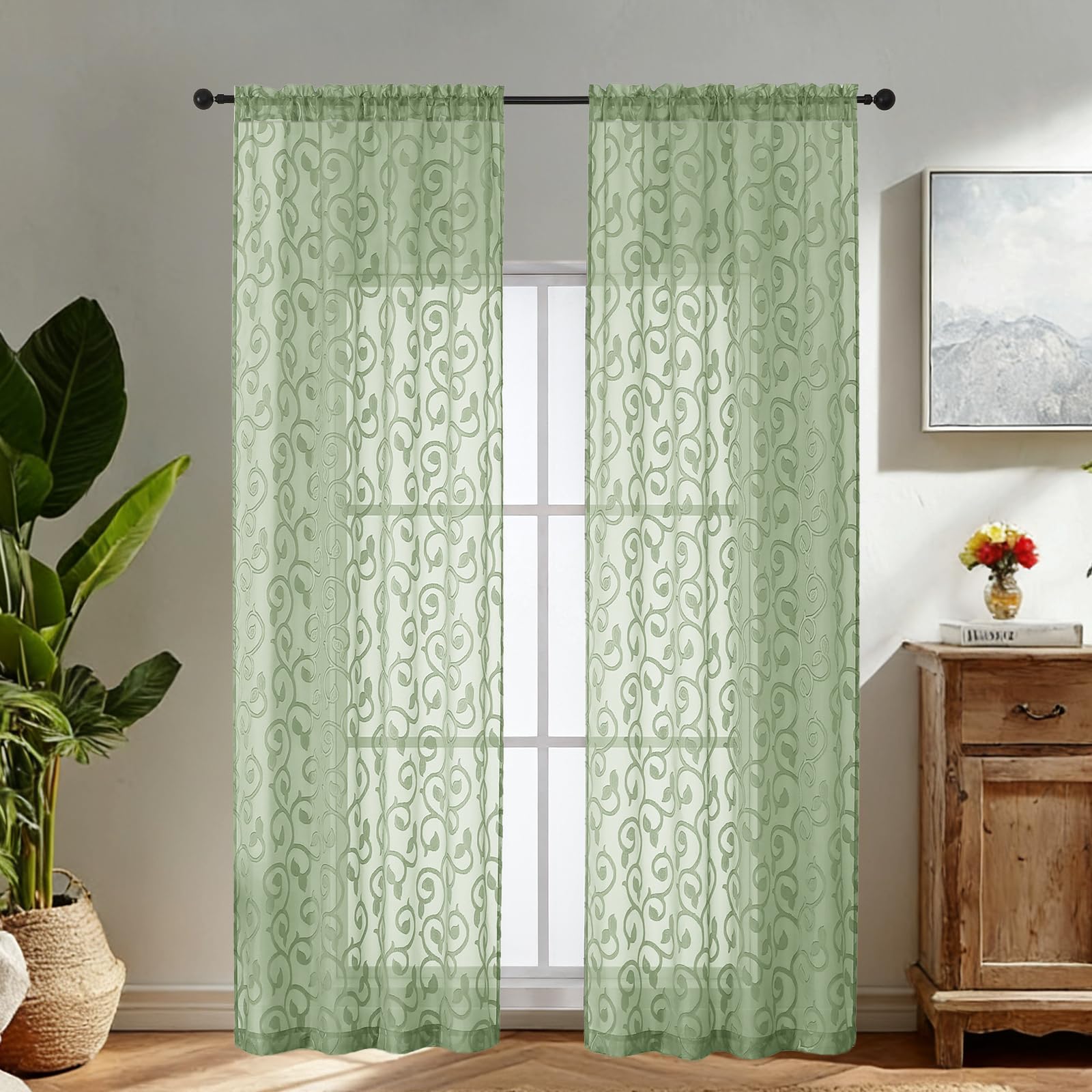 Simplebrand Sage Green Sheer Voile Curtains with Embroidered Pattern, 2 Panels 140x220cm, Dual Rod Pocket Light Filtering Bedroom Curtains