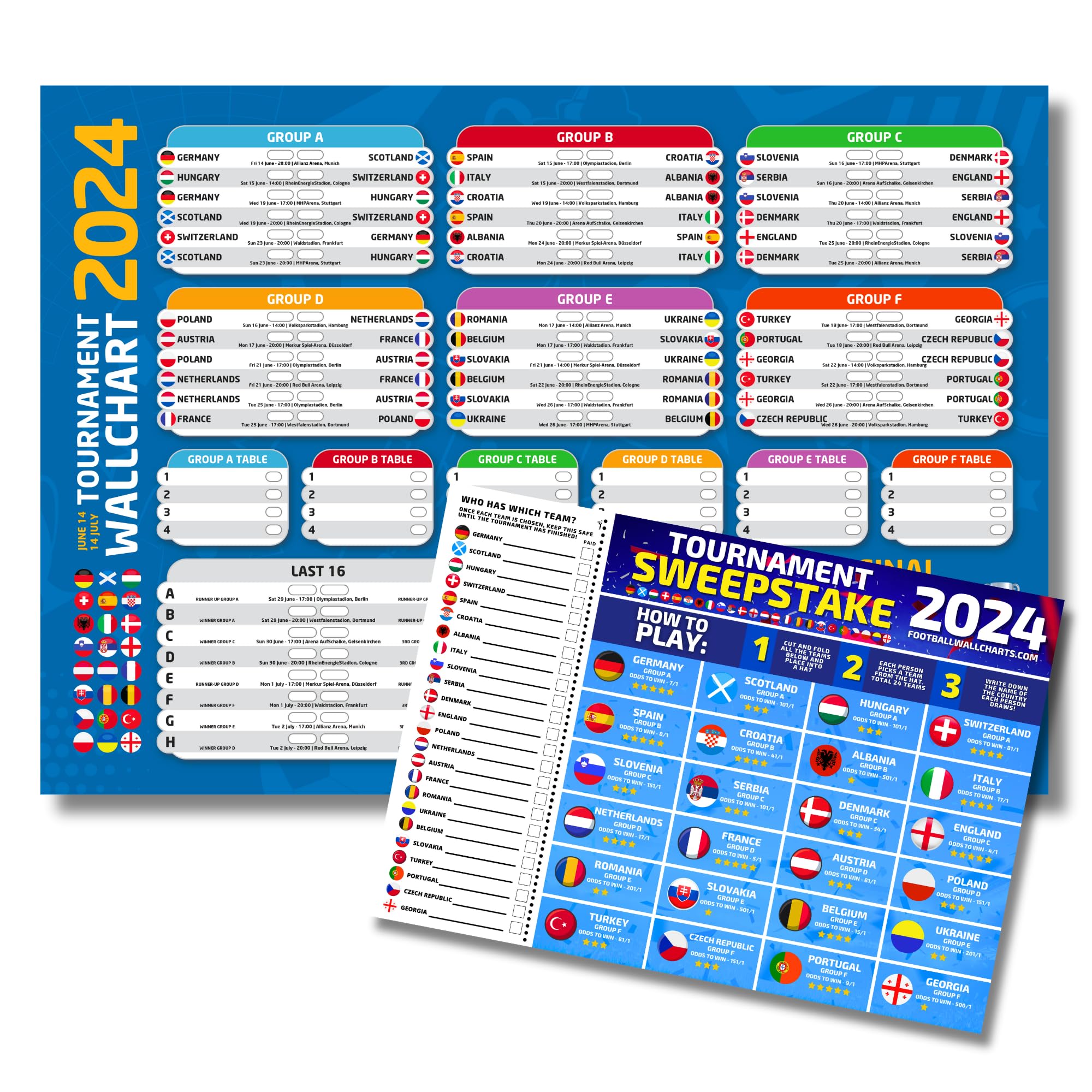 State Media Vision Blue A2 + Sweepstake Euro Tournament Wallchart 2024 - Variety Of Colours, Track All The Games Easily