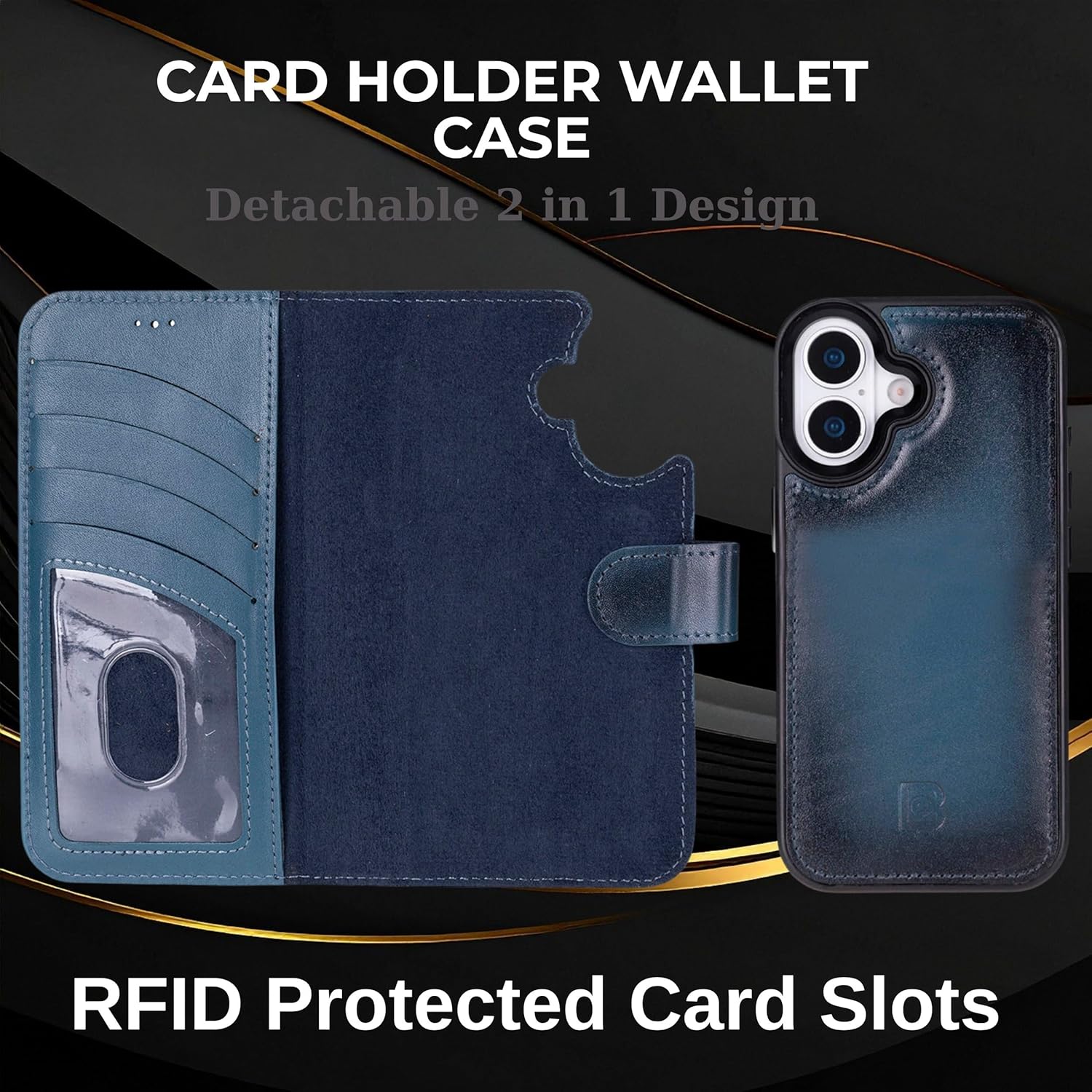 BOULETTA Full Grain Genuine Leather Wallet Case for iPhone 17, Compatible with MagSafe Bussiness Style 4 Card Holder Folio Cover, Kickstand, RFID Protected (Effected Blue)
