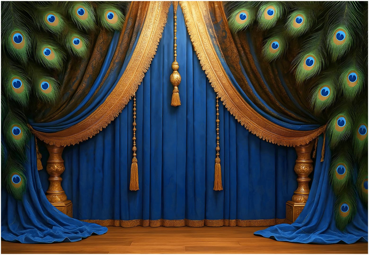 8x5 Feet Royal Peacock Curtain Photography Backdrop Blue & Gold Maharaja Palace Drapes Background for Krishna Theme,Wedding,Traditional Events,Studio Photoshoot & Festive Decor-picture-12