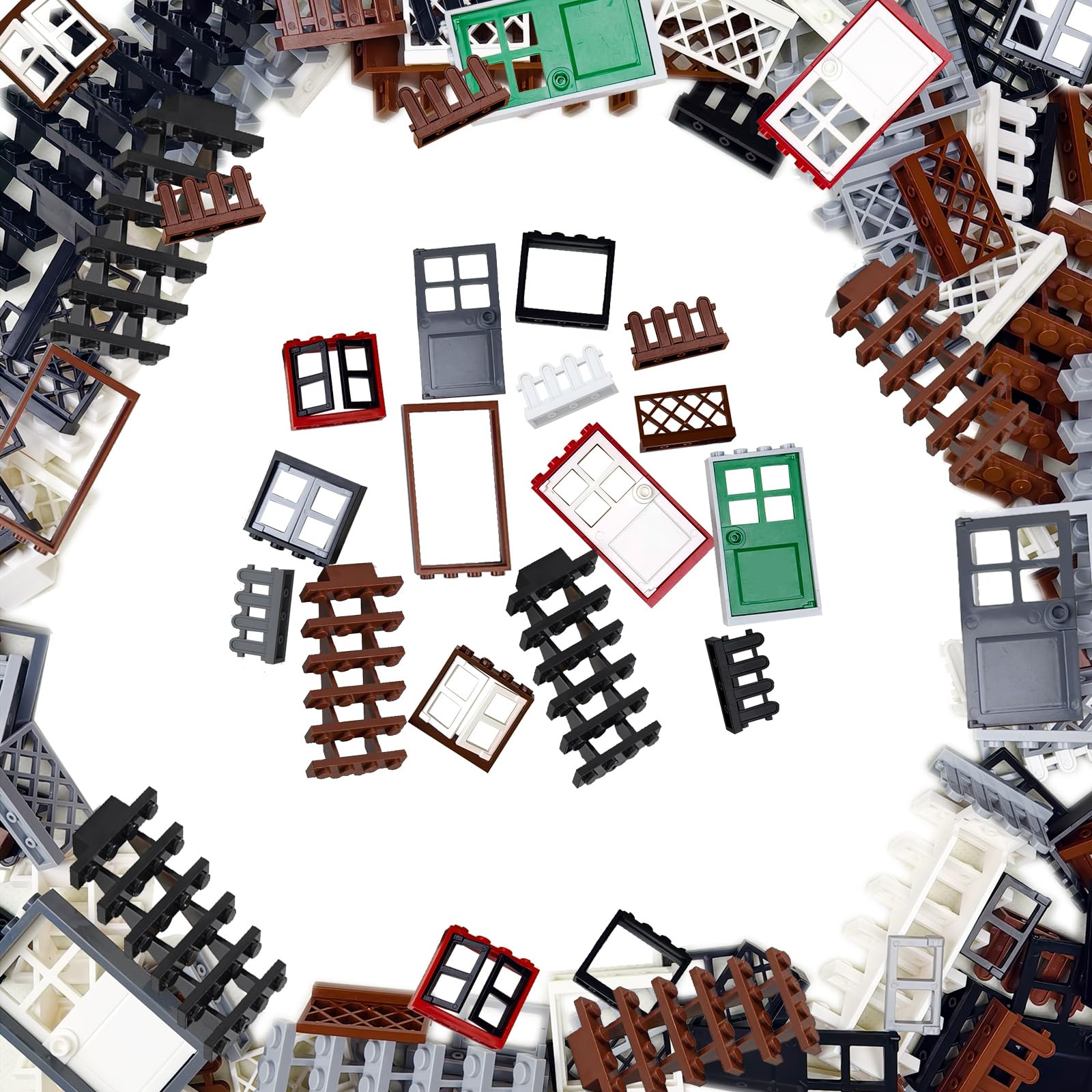 Cabeeskii Building Blocks Accessories, 176-Piece Doors and Windows Set, House Farm Building Blocks Accessories  Doors, Windows, Fence, and Stairs Set, Compatible with Major Brands