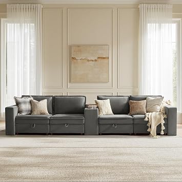 148" Modular Sectional Sofa, Oversized Couch with Console Storage, Cup Holders, USB Charging, Convertible for Living Room Bedroom Apartment, Grey