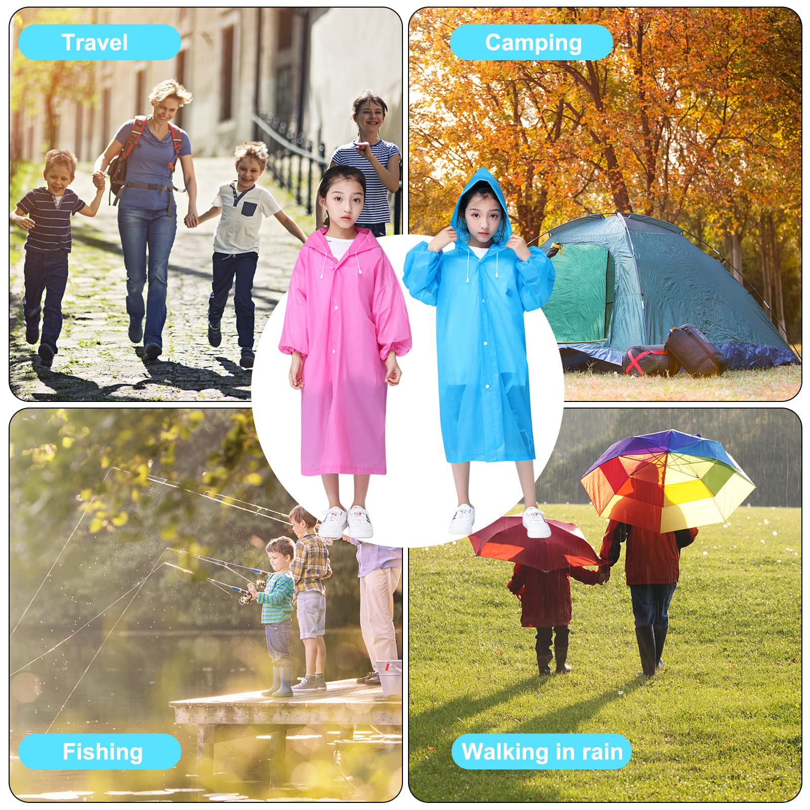 2 Piezas Chubasquero para Niños, Espesar EVA Chubasqueros Impermeable Chaquetas de Lluvia para Niños Niñas Chubasquero Lluvia Reutilizable con Capucha Capa de Lluvia Poncho de Lluvia (Rosa+Azul)