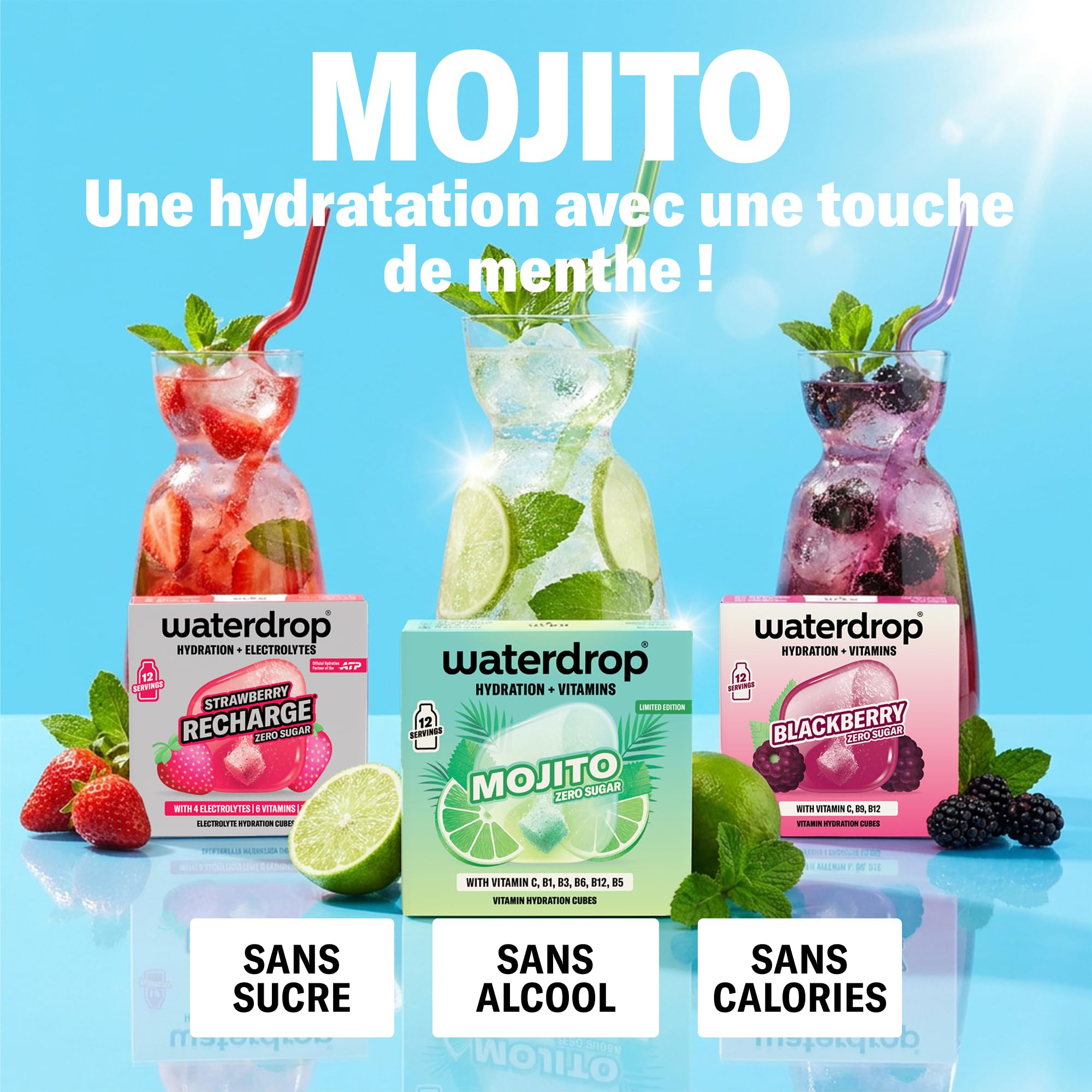 waterdrop® Coffret Mojito Dégustation - 36 Pastilles Hydratation, Cubes de Boisson aux 3 Saveurs: Mojito, Fraise & Mûre, Eau Aromatisée Sans Sucre avec Vitamines C & B, Vegan