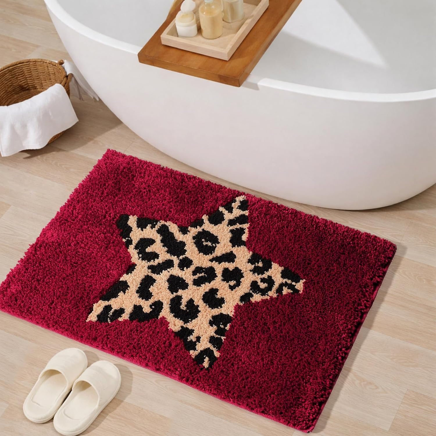 Tinideya Red Star Cheetha Leopard Print Bathroom Rug, 16 x 24 Inch Outdoor Entrance Welcome Door Mat, Non Slip Doormat for Indoor Outdoor Entryway Hallway Home Office Funky Bathroom Decor