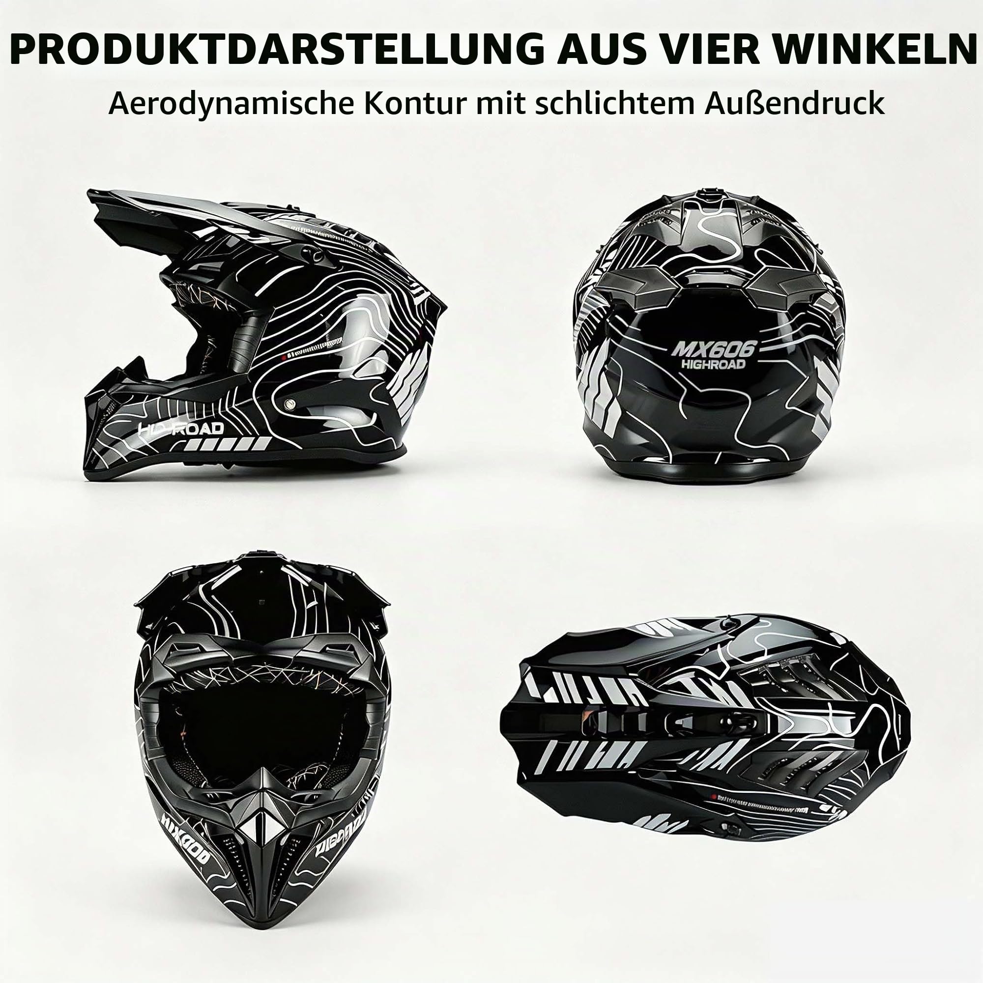 Motocross MTB Helm Fullface, Erwachsener Cross Helm mit Brille Maske Handschuhe, Motorrad Downhill Full Face Helm Downhill Motorradhelm ATV Motorradhelm Inklusive 2 Größen Helmfutter