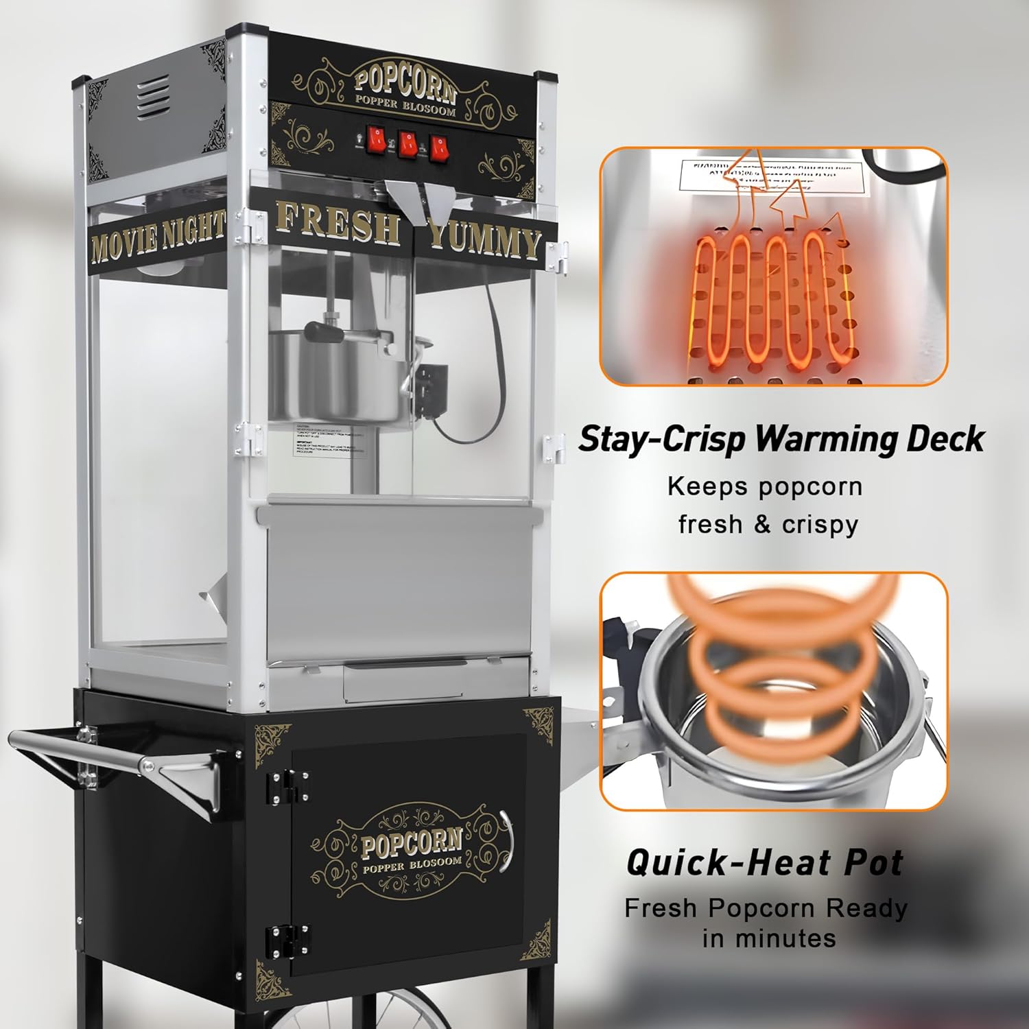 20 oz Commercial Popcorn Machine Cart - Sleek Black Popcorn Maker with Storage Stand and Wheels for Home Theaters, Parties and Concession Stands