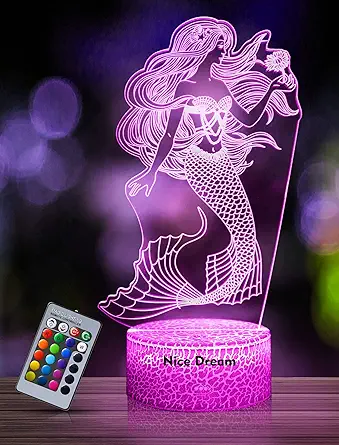 Nice Dream Mermaid Night Light for Kids, 3D Night Lamp, 16 Colors Changing with Remote Control, Room Decor, Gifts for Children Girls Boys