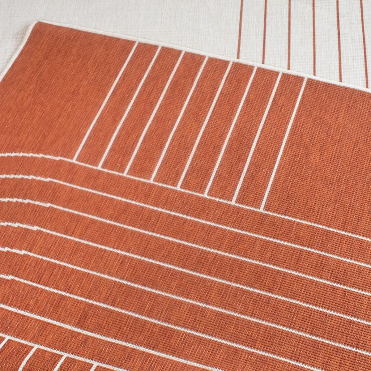 Tapis Exterieur 160 X 230 Cm, Terracota Et Écru Motif Géométrique Graphique, Kilim Tissé Belgique, Idéal Terrasse Jardin Balcon, 12056