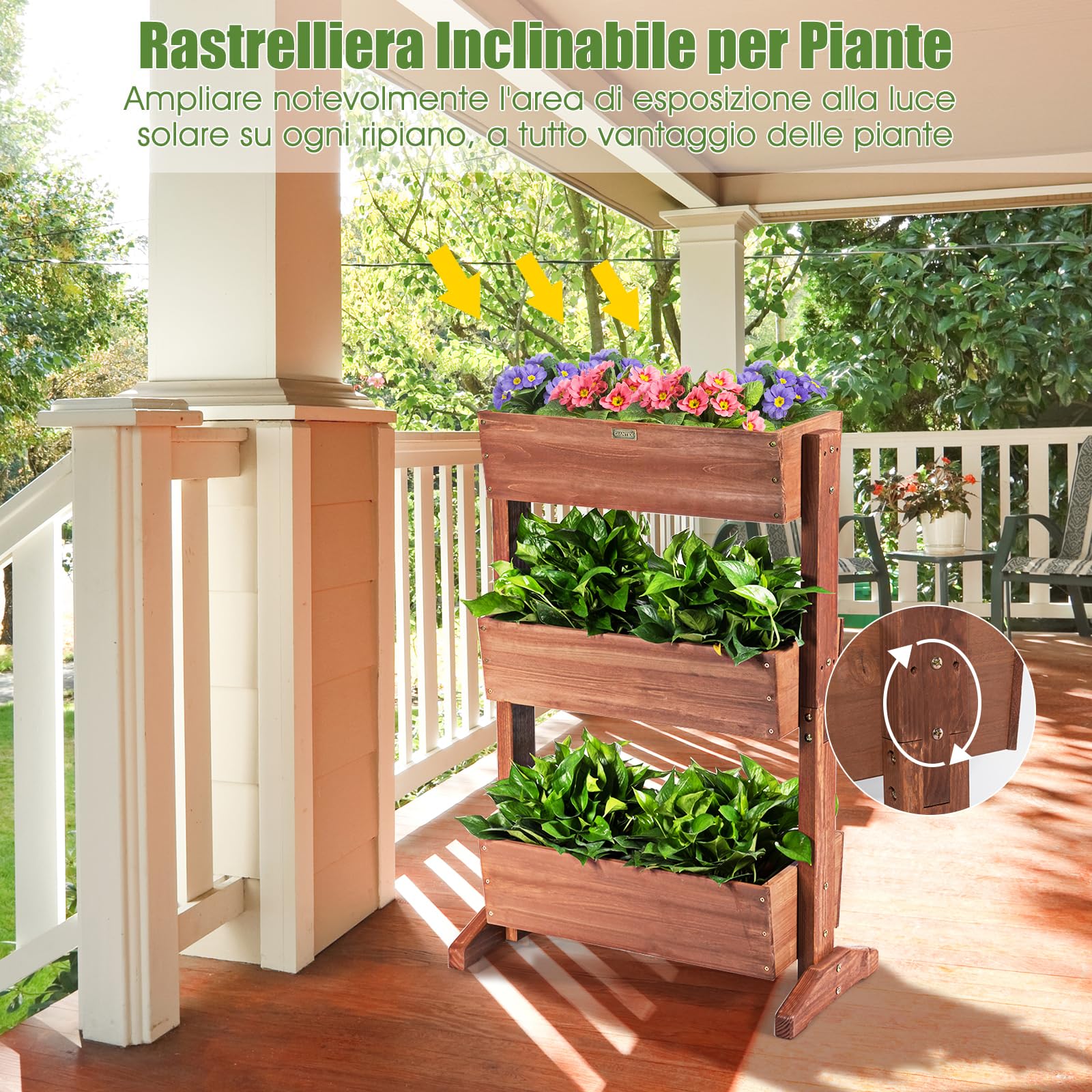 RELAX4LIFE Fioriera da Esterno, Fioriera Verticale a 3 Livelli con Inclinazione Regolabile e Drenaggio Integrato, Vasi per Piante in Legno di Abete Impermeabile per Balcone (Marrone, 71x38x105cm)