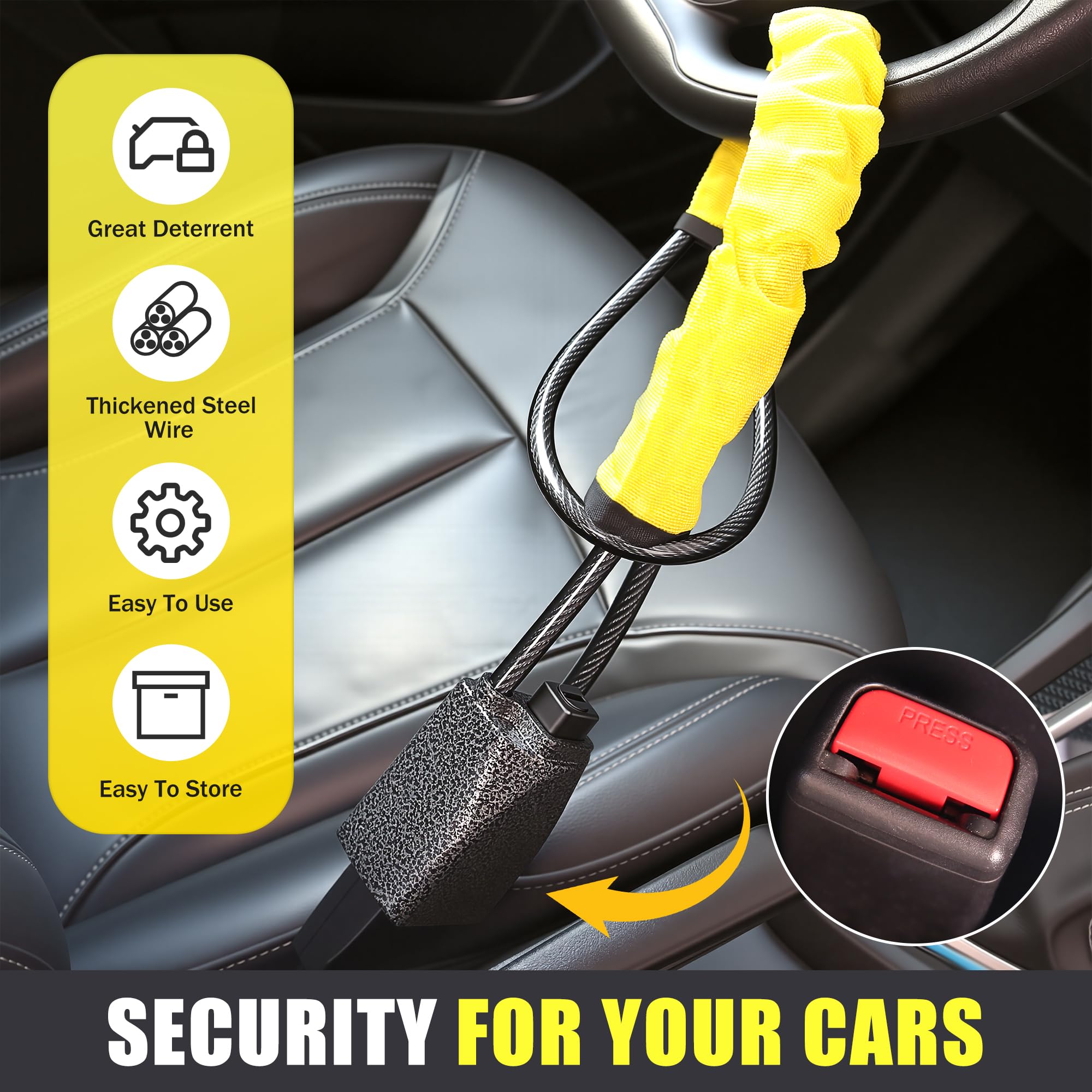 OXNSHEJW Steering Wheel Lock, Car Steering Wheel Locks, Car Seat Belt Lock with Metal Head, High Visibility Car Lock Anti-Theft Device for Car, SUV, Pickup, Van, RV, 3 Keys (Yellow) — view 6