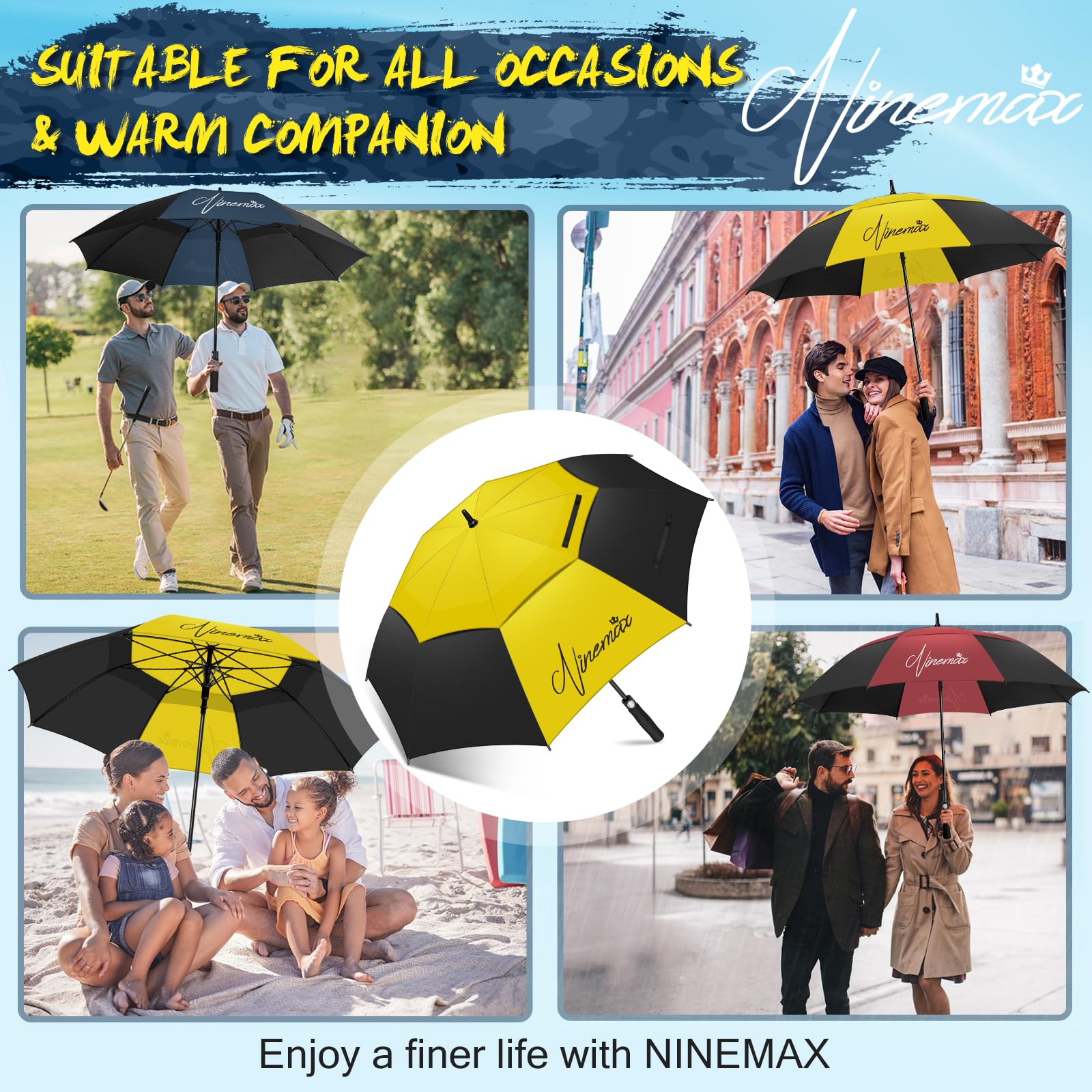 NINEMAX Parapluie De Golf Solide 62/68 Inch Parapluie De Golf Grande Taille Automatique Ouverture Parapluie Grand Résistant au Vent pour Homme Femme