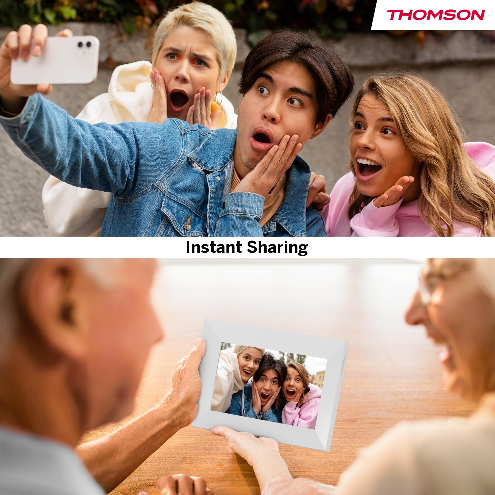Thomson Cornice Digitale 7 Pollici, Schermo IPS, Touchscreen HD, Condivisione Diretta tramite App, Funzioni Smart, Cornice Fotografica Elettronica con 32 GB di Memoria, Rotazione Automatica, Bianca