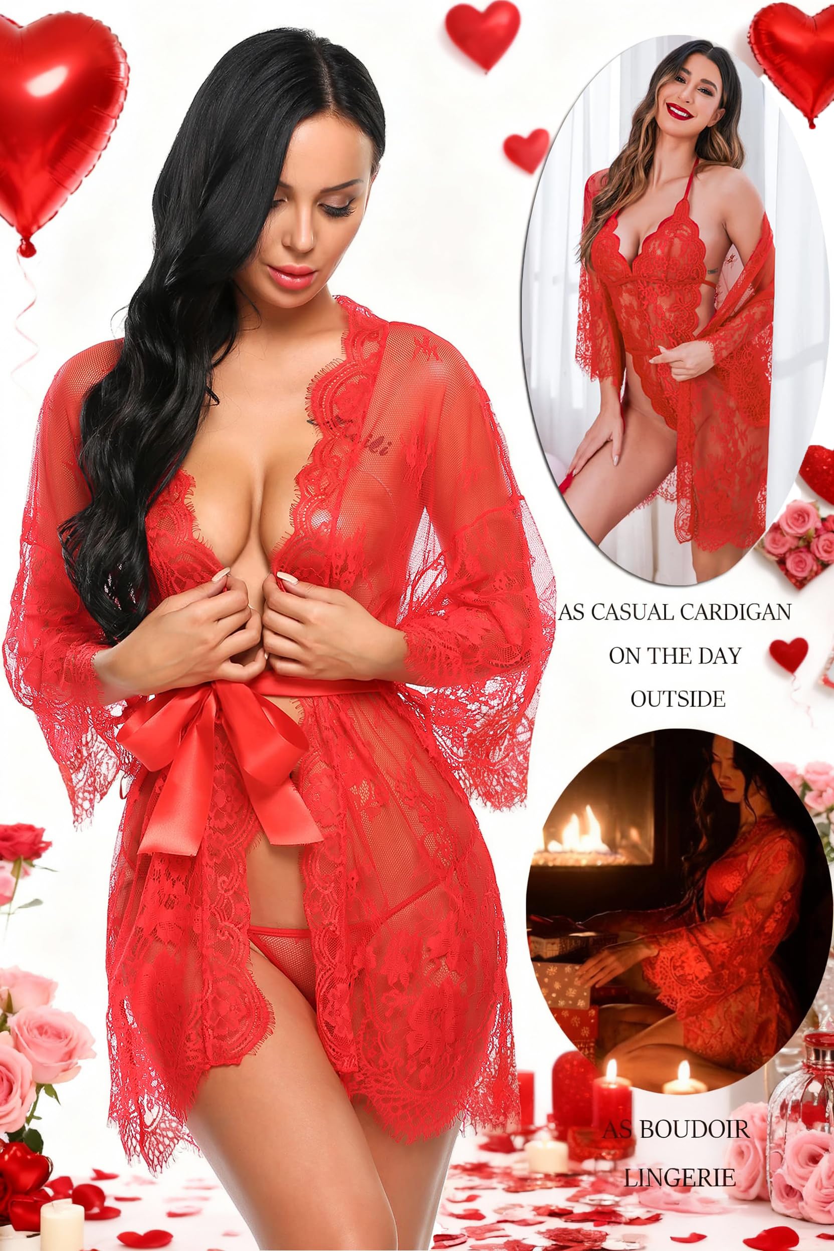 Avidlove Women's Lace Kimono Robe Babydoll Lingerie Mesh Nightgown S-5XL: Red Small