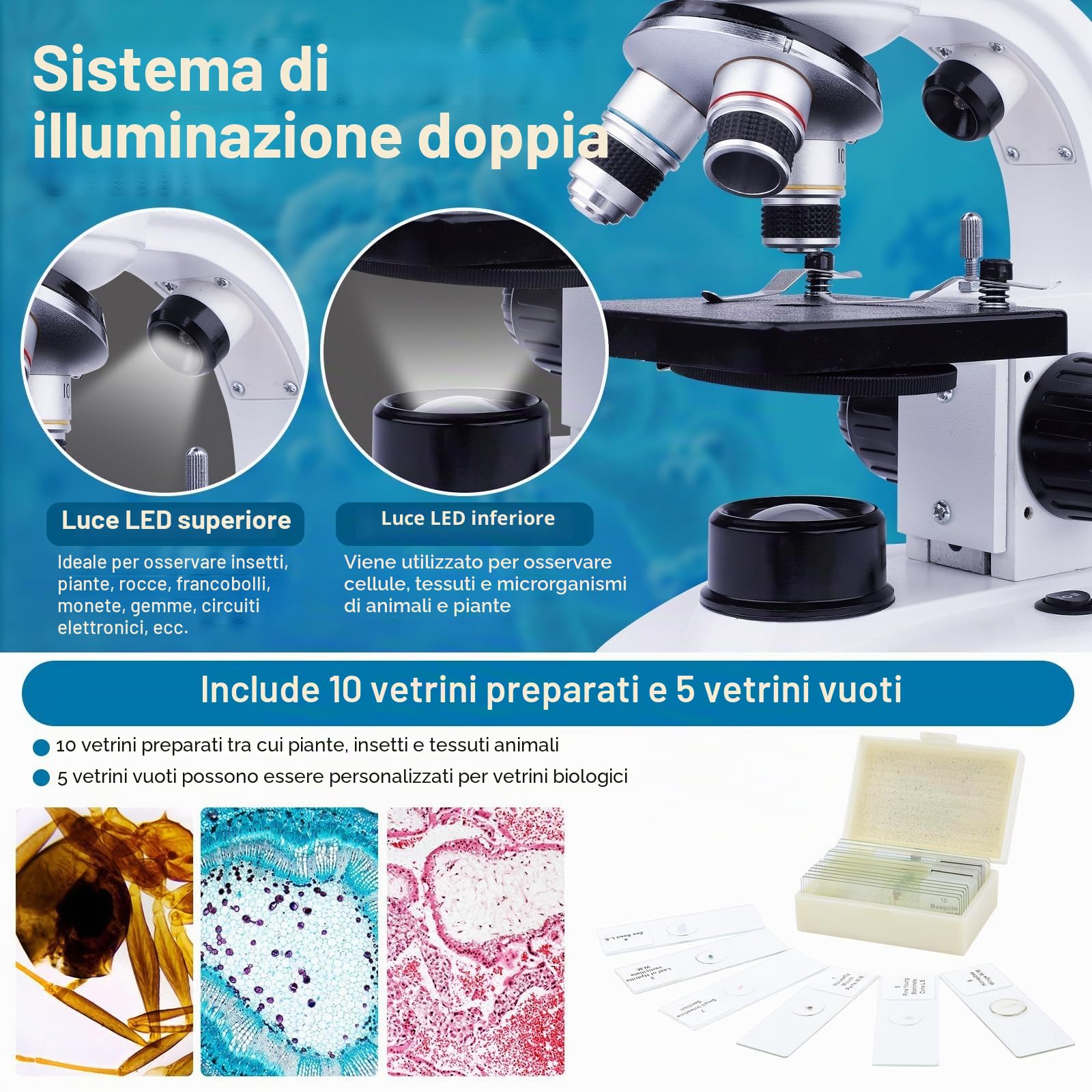 Microscopio Binoculare Composti con Oculari - Microscopio Binocolo per Bambini Adulti - Set microscopio Junior 40x-1000x - Illuminazione a LED per luce trasmessa e luce riflessa