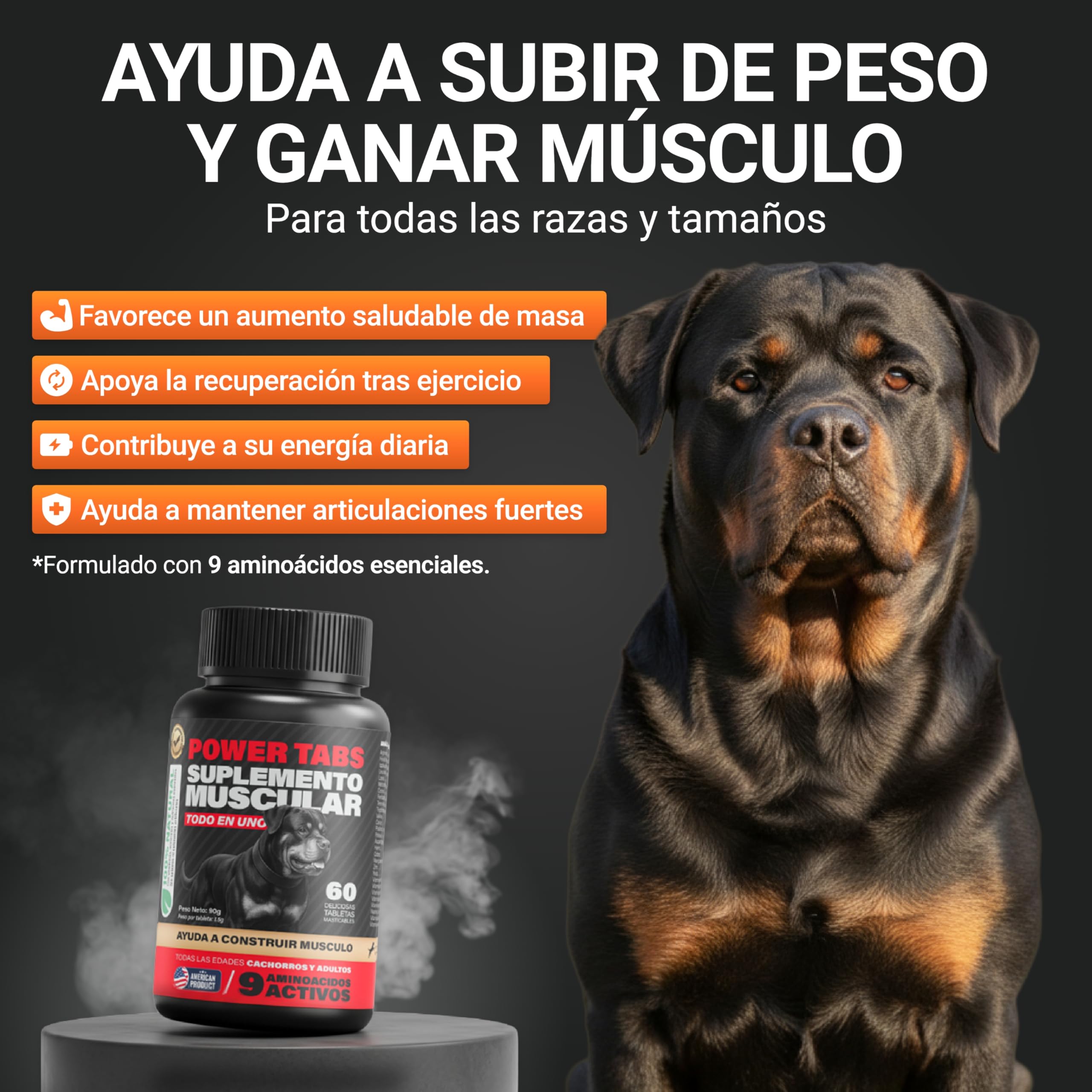 Power Tabs – Suplemento para Ganar Peso y Aumentar Masa Muscular en Perros | Tabletas Proteicas de Alto Rendimiento