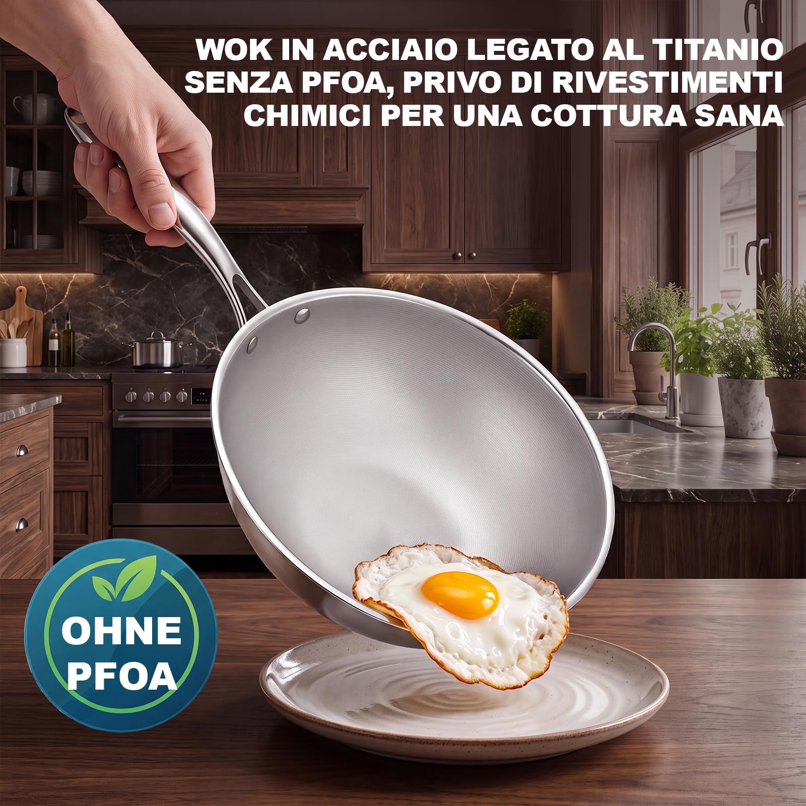 SSGP Wok in titanio 28 cm – adatto all'induzione, 3 strati, senza PFOA | Resistente ai graffi, facile pulizia, inossidabile, compatibile con tutti i fornelli, antiaderente, con coperchio