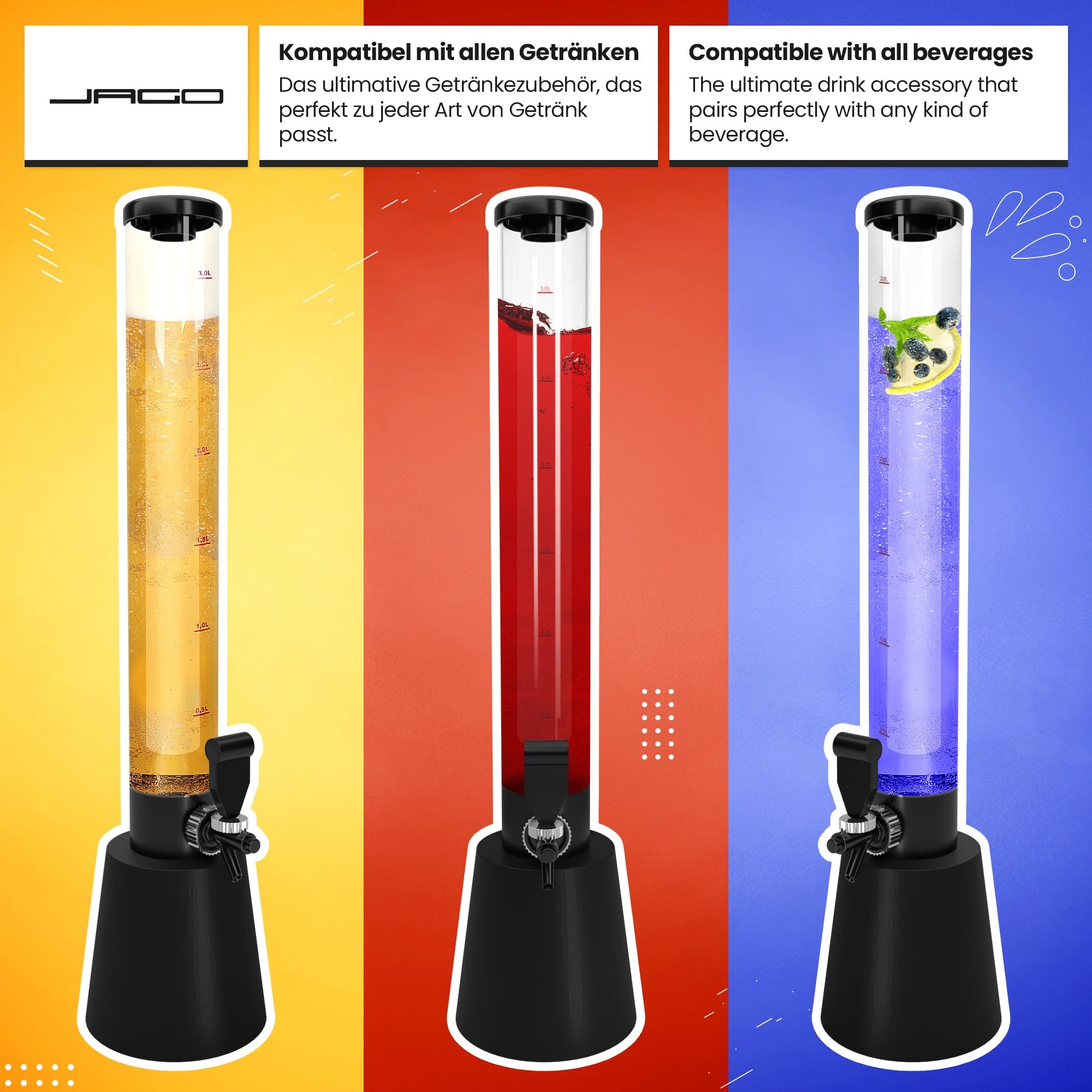 Jago® Distributore di Birra - Set da 3, capacità Massima 3,5 l, Altezza 90 cm, con Rubinetto e Tubo di Ghiaccio, in Plastica Senza BPA - Spillatore, Dispenser, Giraffa, Torre, Bevande