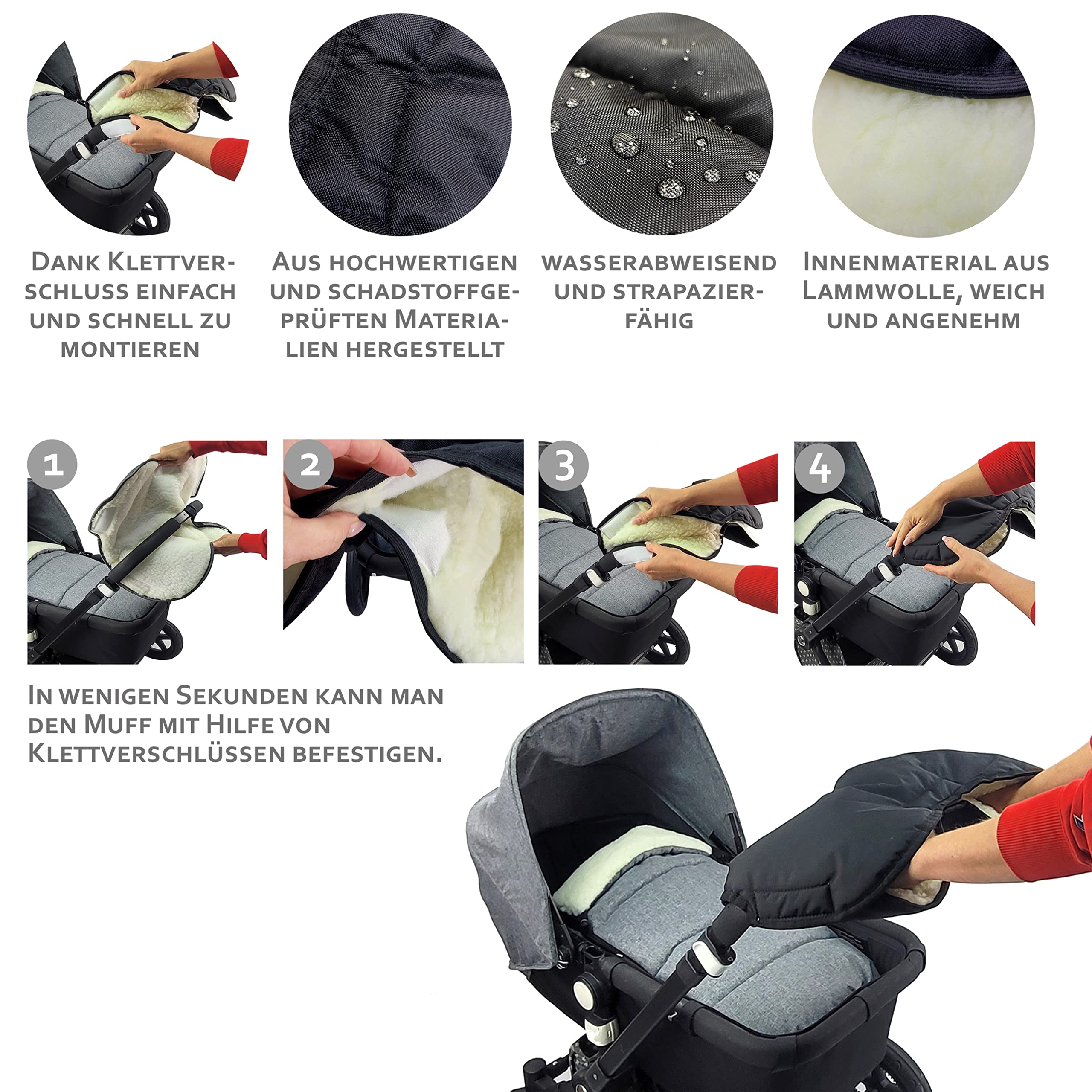 Bambiniwelt, offerta combinato MUFF + sacco a pelo invernale in lana d'agnello per passeggino, carrozzina, slitta, stelle turchesi XX