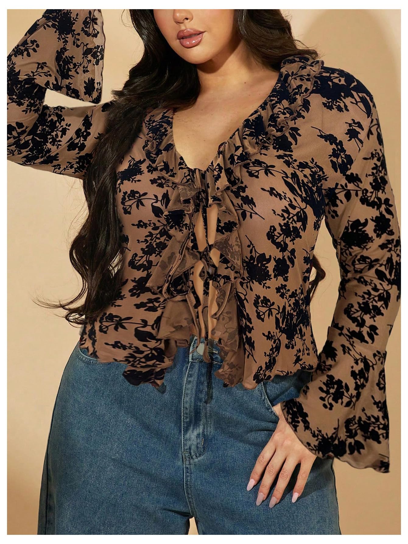 WDIRARA Women's Plus Size Floral Lace Sheer T Shirt Tie Front Long Bell Sleeve Tee Going Out Tops: 4X-Large Plus Brown